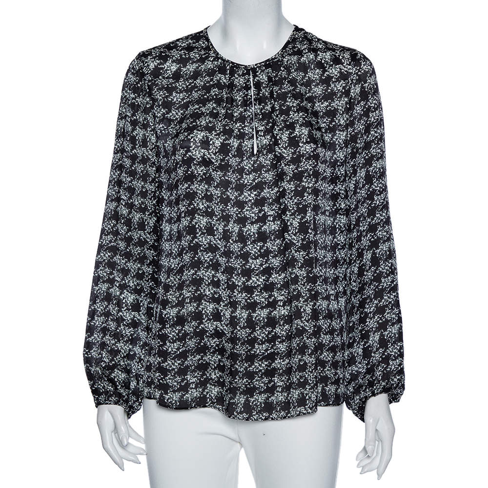 Pre Owned CH Carolina Herrera Monochrome Geometric Print Silk Blouse L