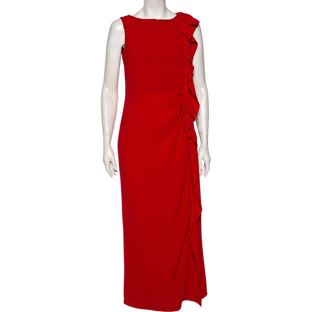 Pre Owned CH Carolina Herrera Red Crepe Ruffle Detail Sleeveless Maxi Dress M