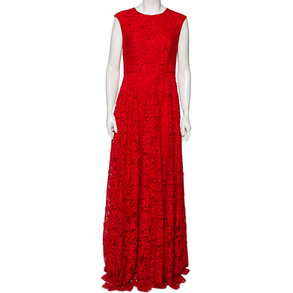 CH Carolina Herrera Red Floral Lace Sleeveless Maxi Dress M