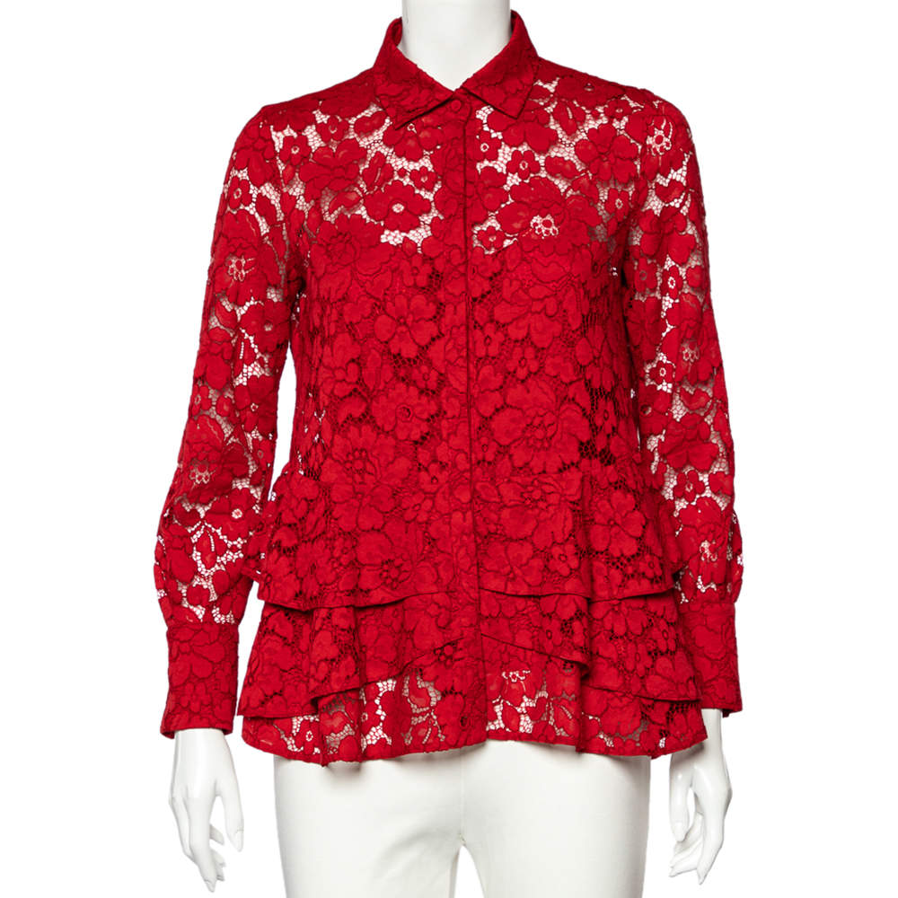 Pre Owned CH Carolina Herrera Red Lace Ruffle Hem Button Front Shirt S