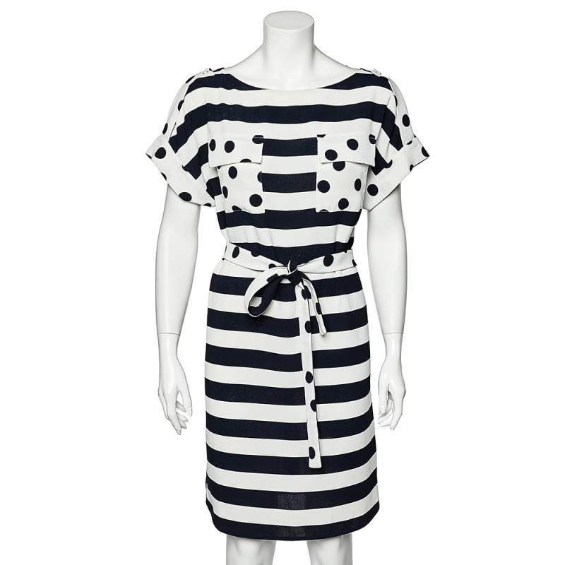CH Carolina Herrera Navy Blue & White Stripe & Polka Dot Printed Textured Belted Dress S