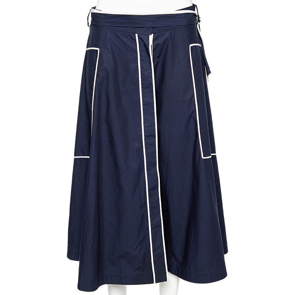 مملوكة مسبقًا CH Carolina Herrera Navy Blue Cotton Contrast Detail Belted Midi Skirt M