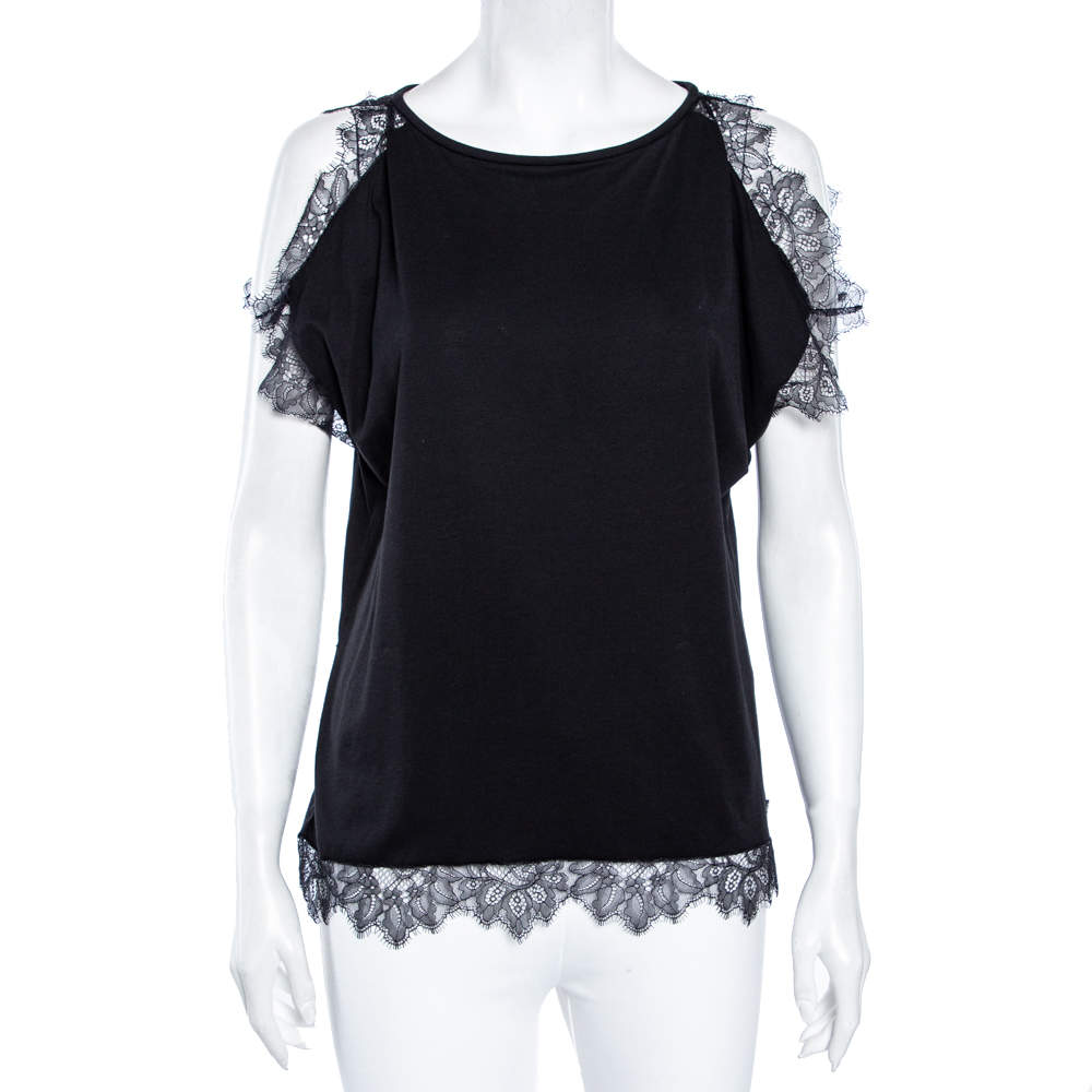 Pre Owned CH Carolina Herrera Black Cotton & Lace Trimmed Top L
