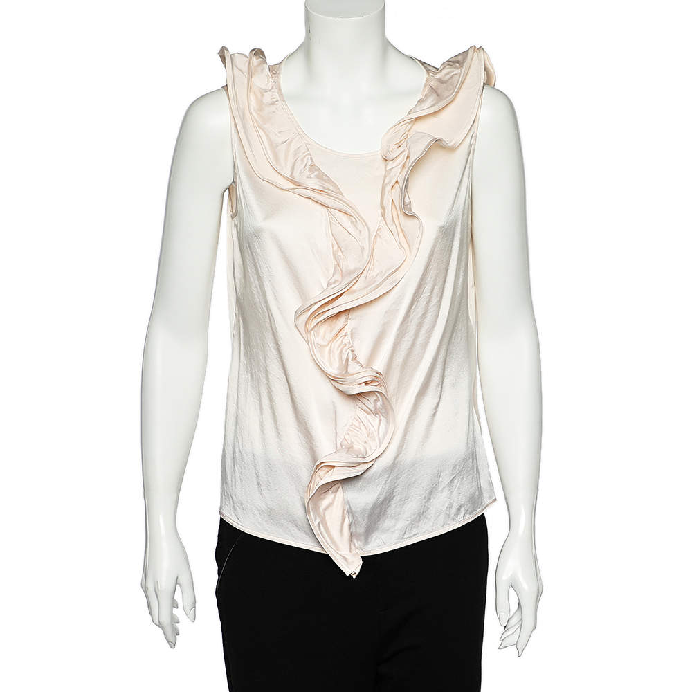 CH Carolina Herrera Pink Silk Satin Ruffled Sleeveless Top L