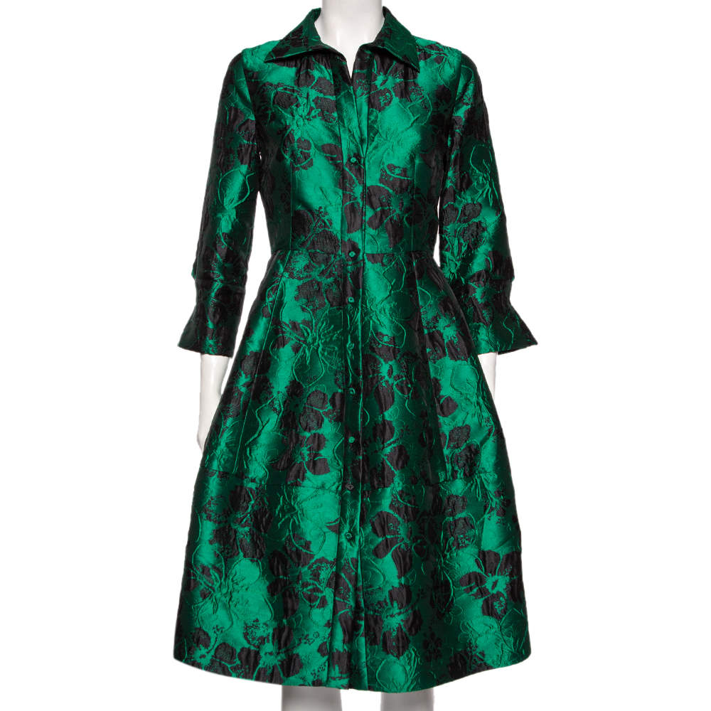 Pre Owned CH Carolina Herrera Green Floral Brocade Flared Shirt Dress M