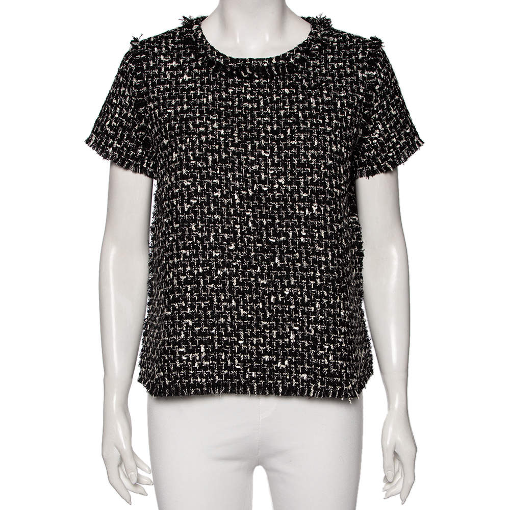Pre Owned توب سي أتش كارولينا هيريرا تويد مونوكرومي حواف غير مشذبة مقاس متوسط (ميديوم)