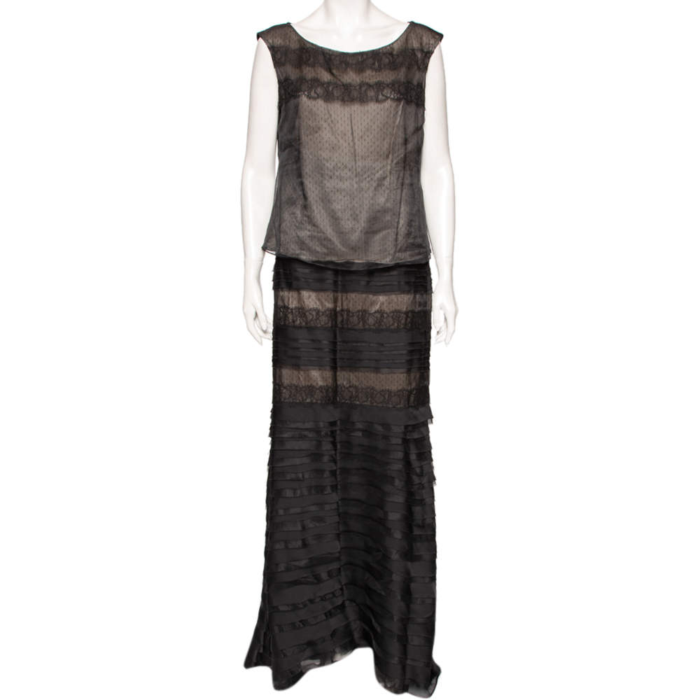 CH Carolina Herrera Black Silk Lace Trimmed Top & Layered Maxi Skirt L