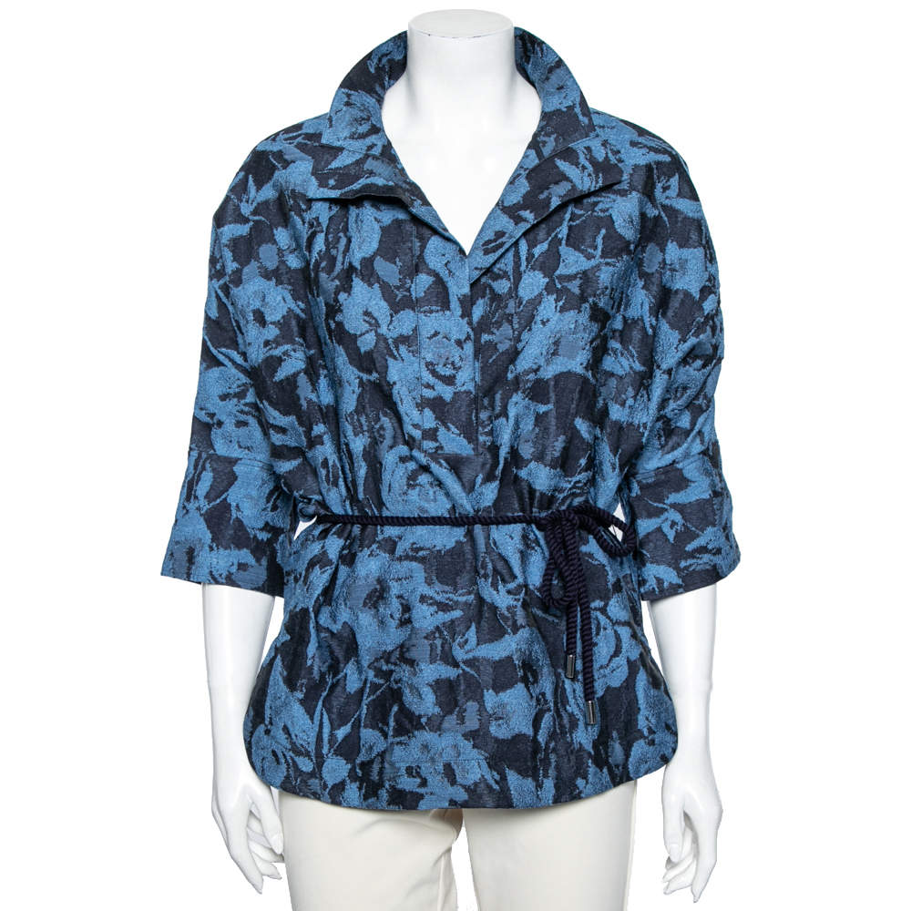 Pre Owned CH Carolina Herrera Blue Floral Embroidered Belted Top S