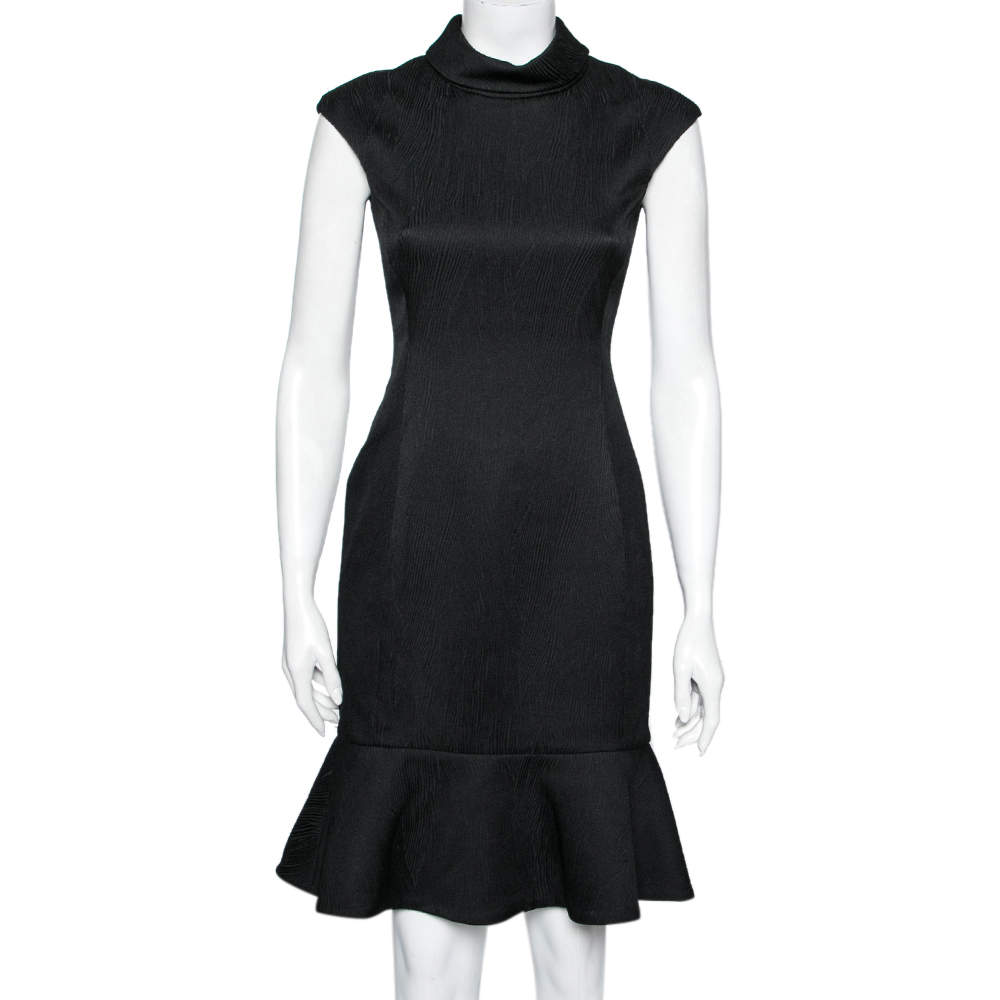 Pre Owned CH Carolina Herrera Black Textured Knit Flared Hem Dress S