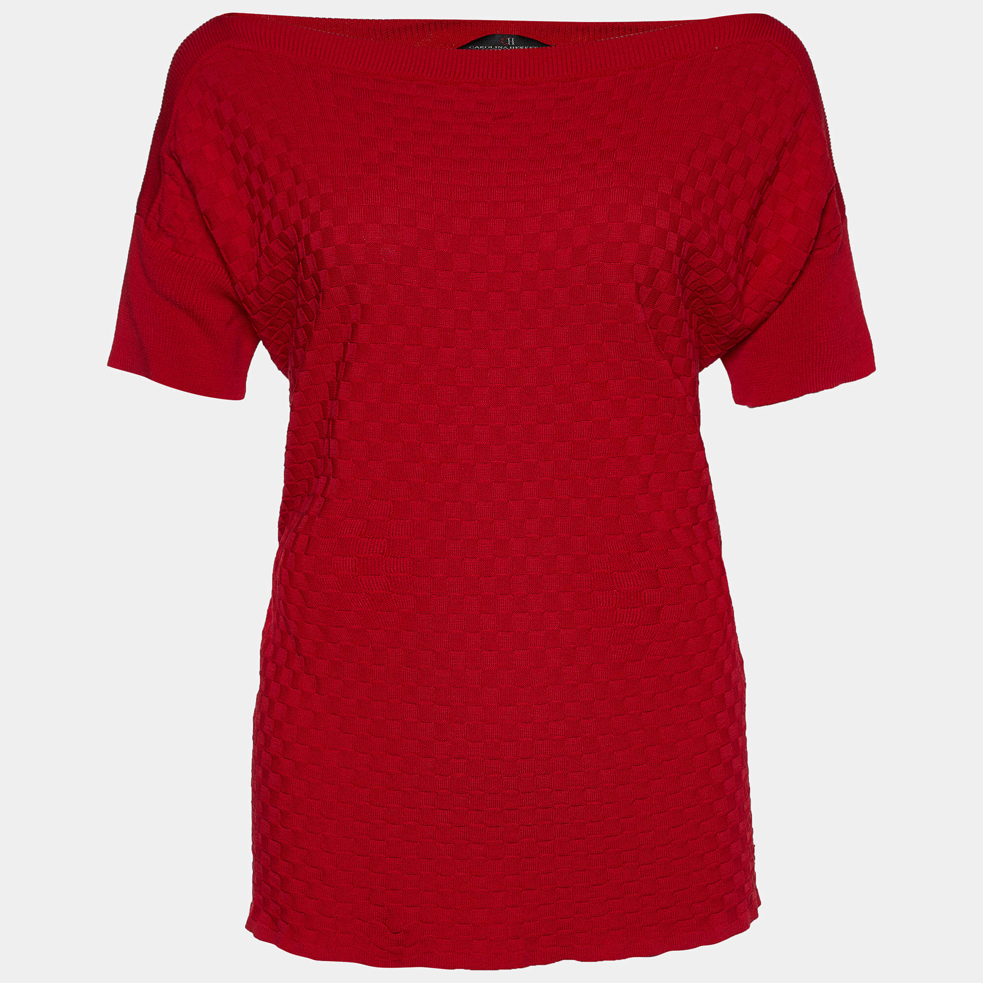 Pre Owned بلوزة سي إتش كارولينا هيريرا جاكار نمط كاروهات أحمر بأكتاف مائلة مقاس كبير ( لارج )