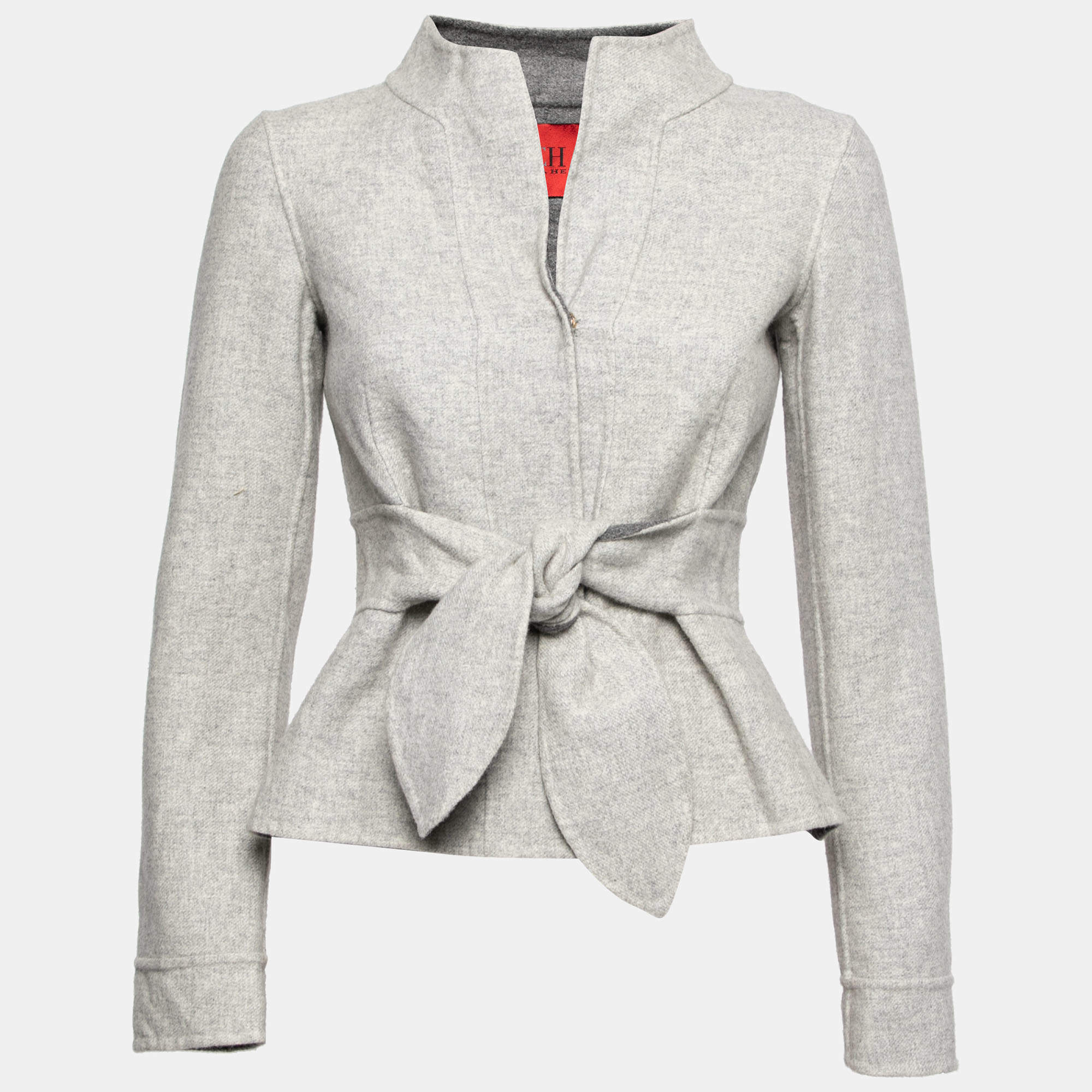 Pre Owned CH Carolina Herrera Grey Wool Button Front Belted Blazer S