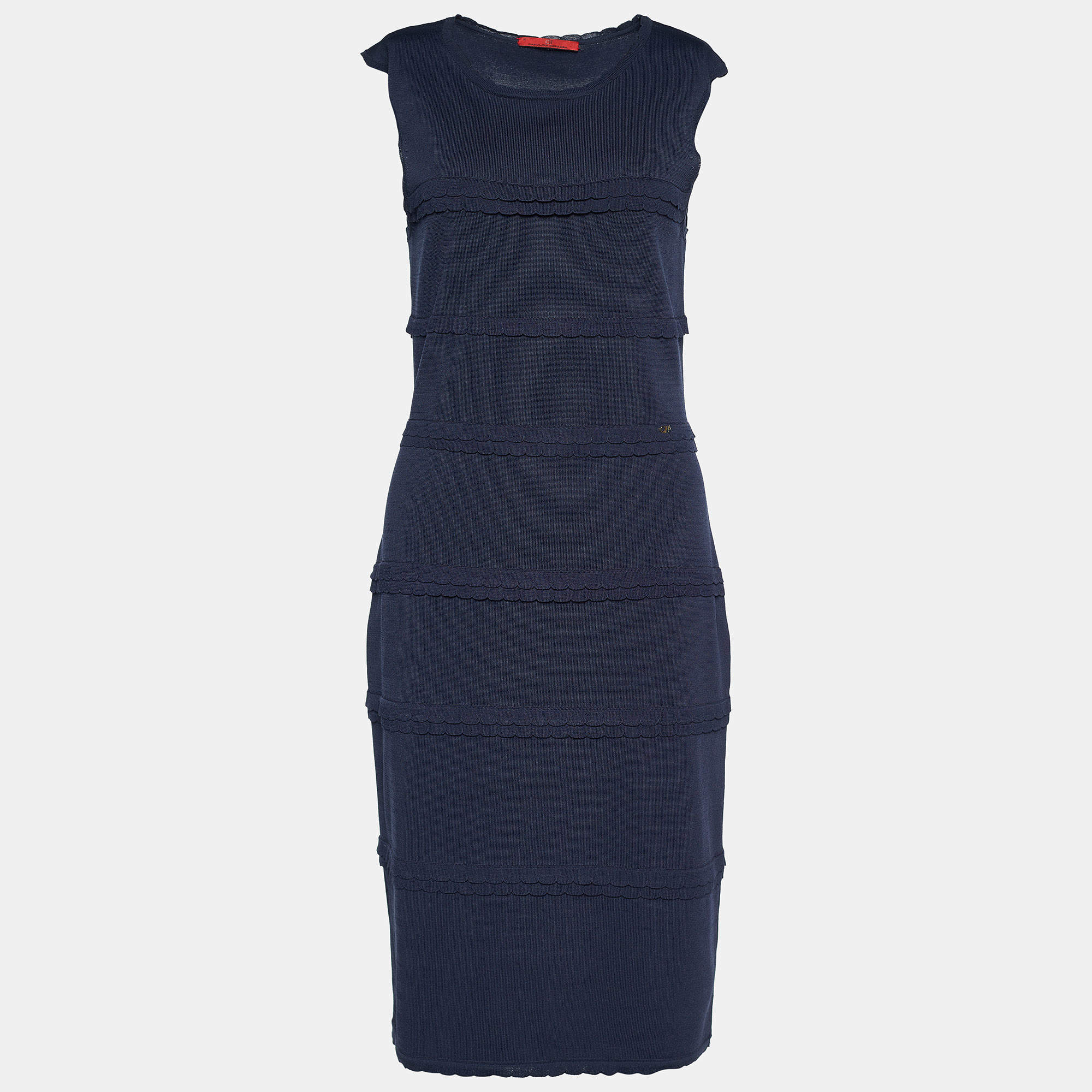 Pre Owned فستان ميدي سي أتش كارولينا هيريرا تريكو أزرق كحلي بحواف مموجة مقاس متوسط - ميديوم