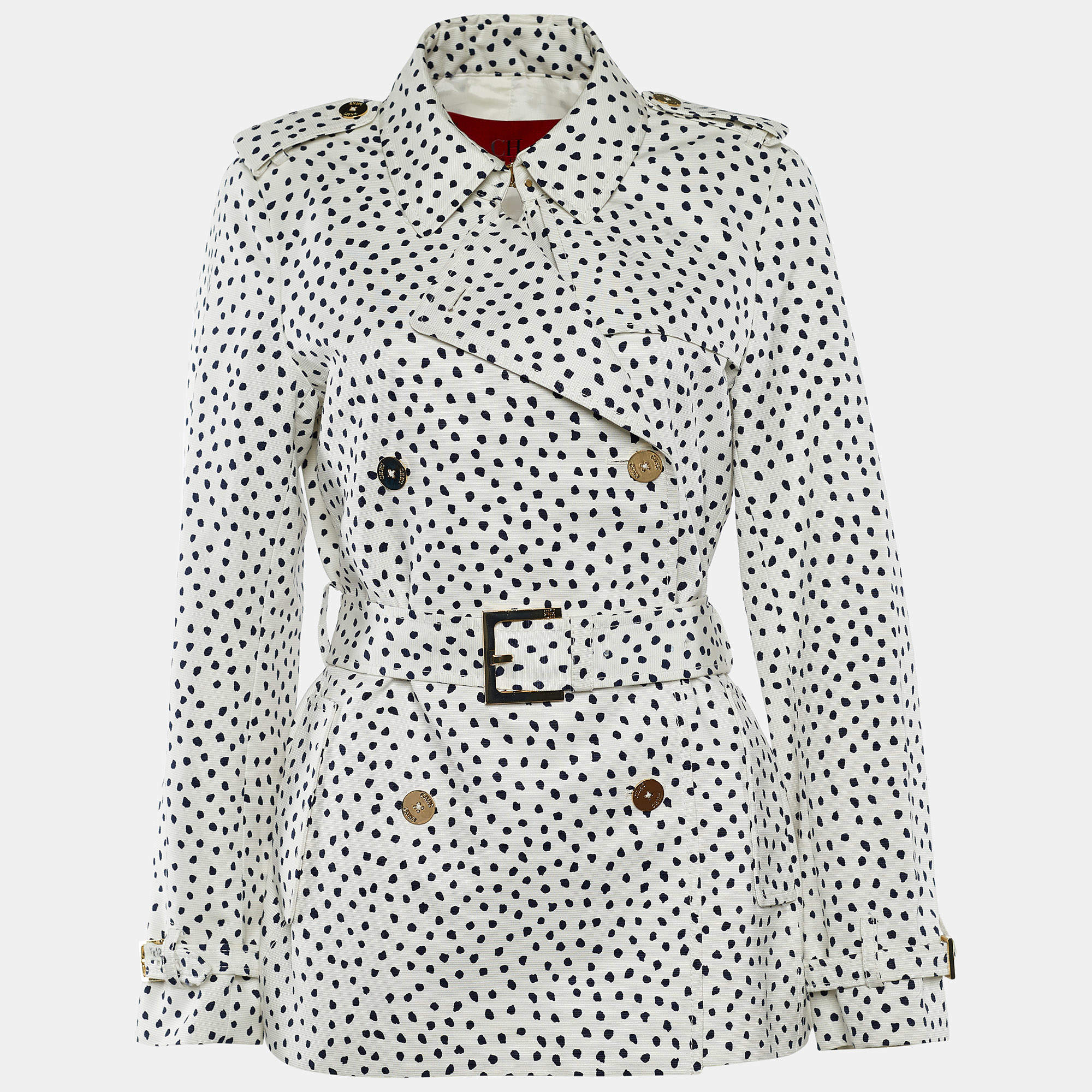 Pre Owned CH Carolina Herrera White Printed Cotton Belt Detail Coat M