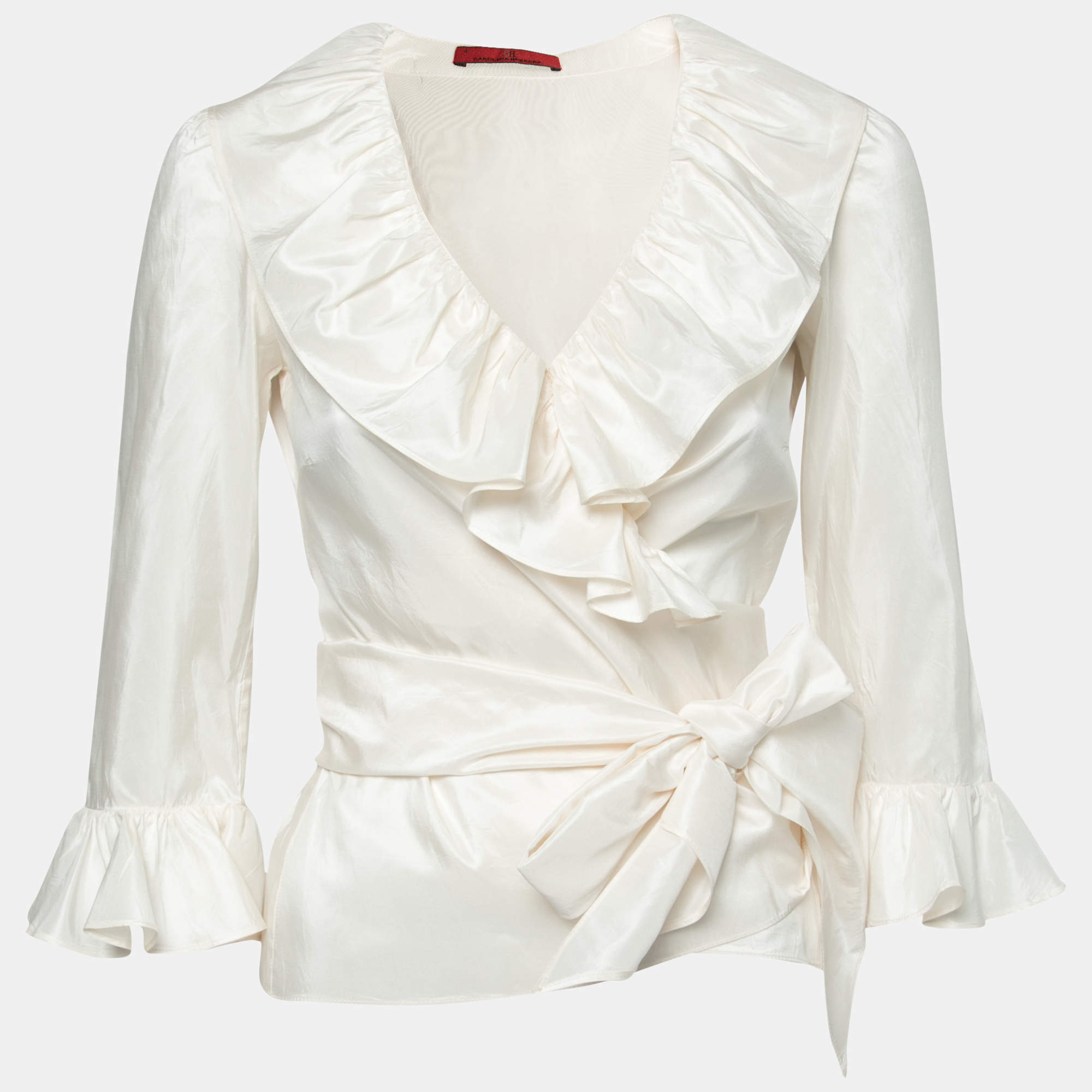 Pre Owned CH Carolina Herrera White Ruffle Detail Silk Top S