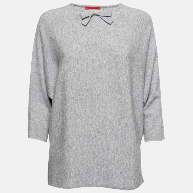 Pre Owned CH Carolina Herrera Grey Wool Bow Detail Round Neck Sweater M