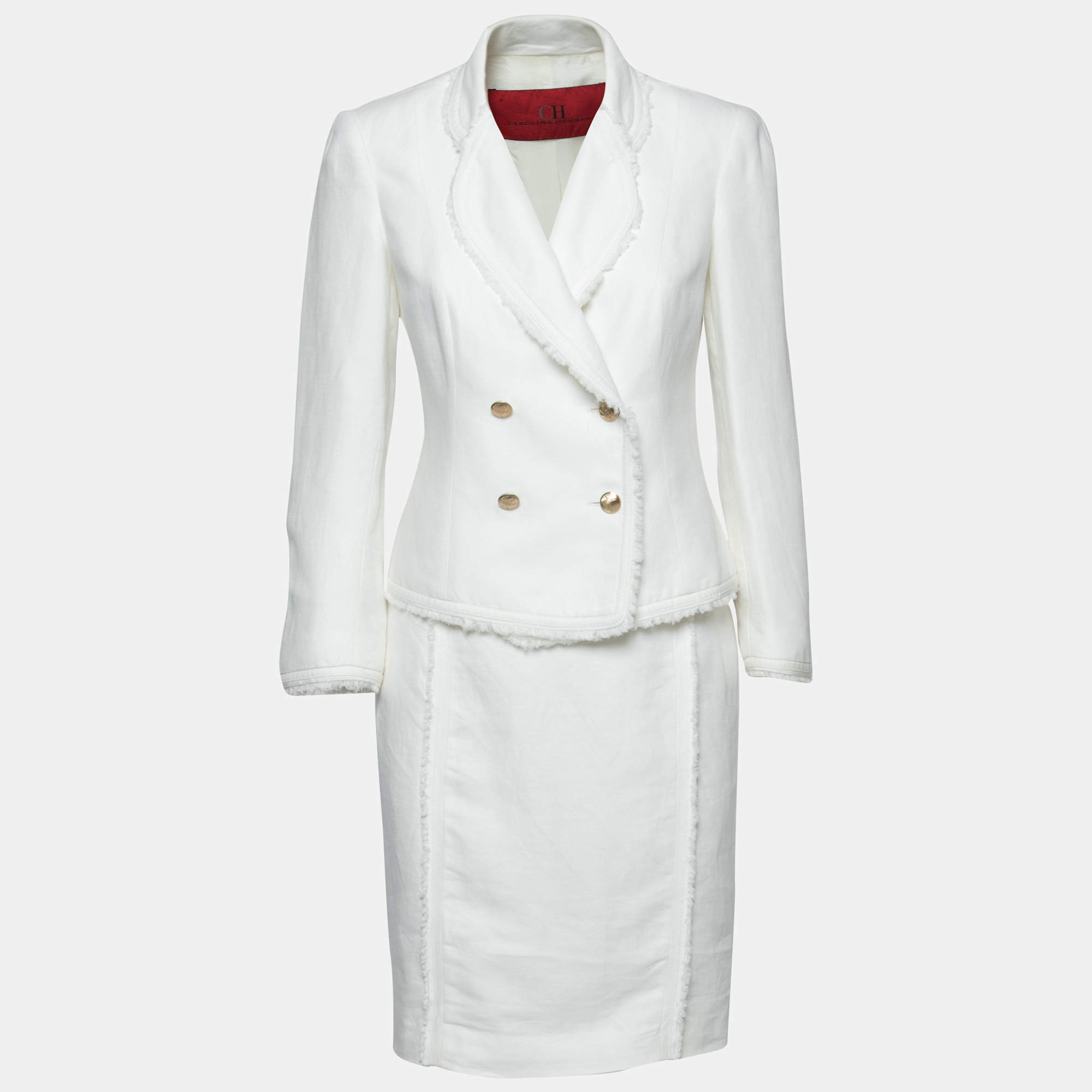 CH Herrera White Linen Frayed Edged Double Breasted Blazer & Skirt Set S CH Carolina Herrera | TLC
