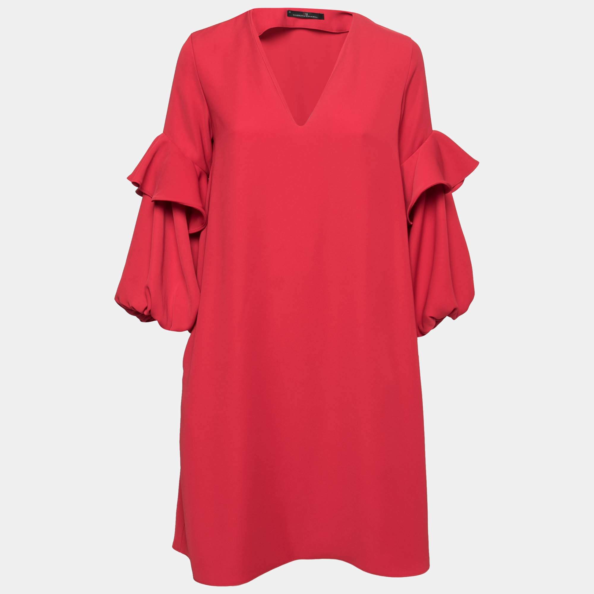 Pre Owned CH Carolina Herrera Red Crepe Ruffle Bishop Sleeve Dress S