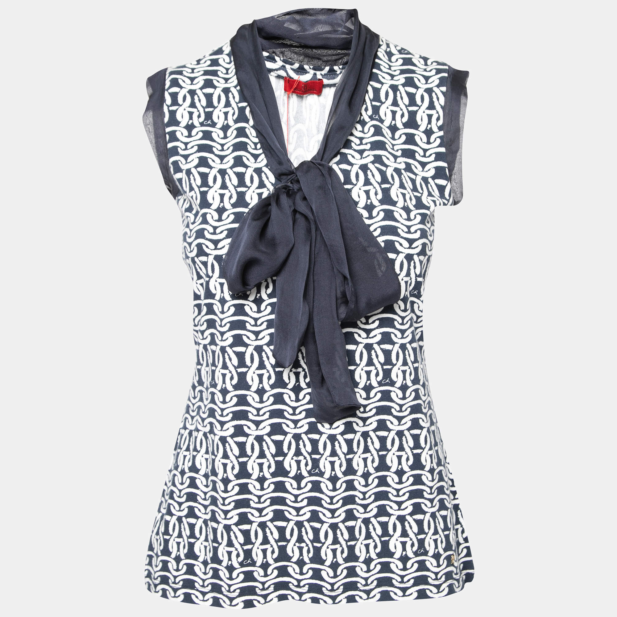 Pre Owned CH Carolina Herrera Blue Printed Cotton & Silk Trimmed Sleeveless Top S