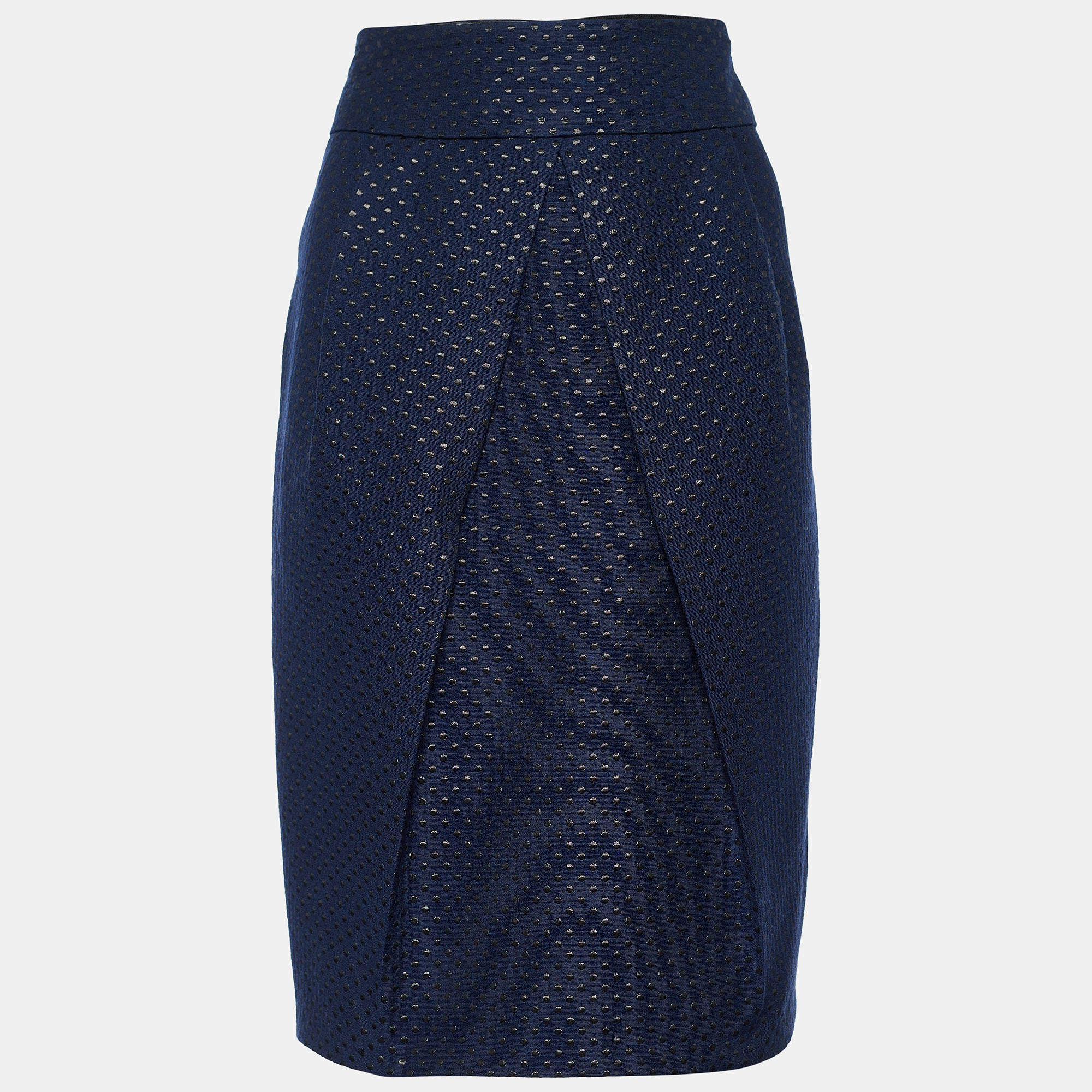 Pre Owned CH Carolina Herrera Navy Blue Dot Pattern Wool Blend Pleated Skirt L