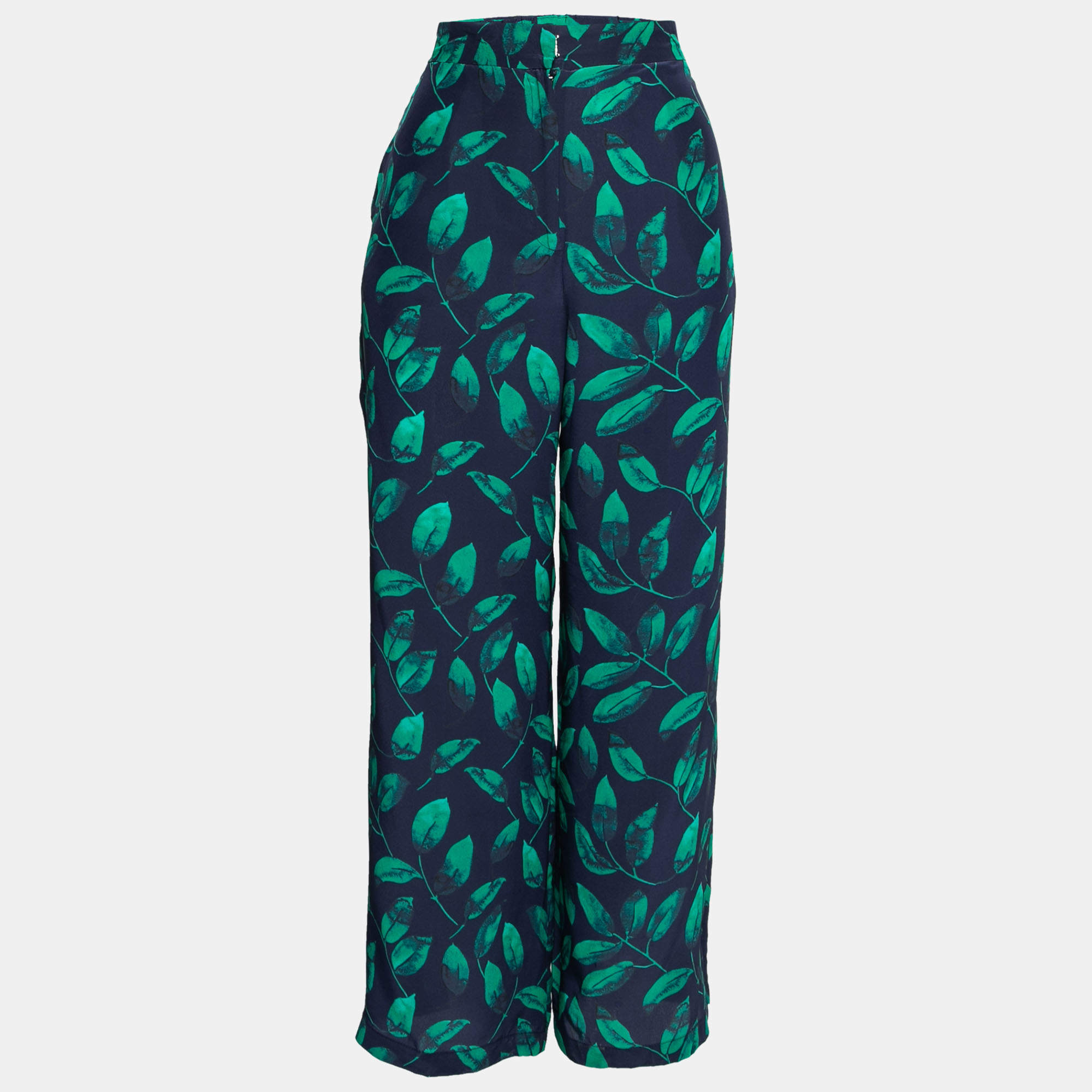 مملوكة مسبقًا CH Carolina Herrera Navy Blue Leaf Printed Silk Wide Leg Trousers M Waist 31"