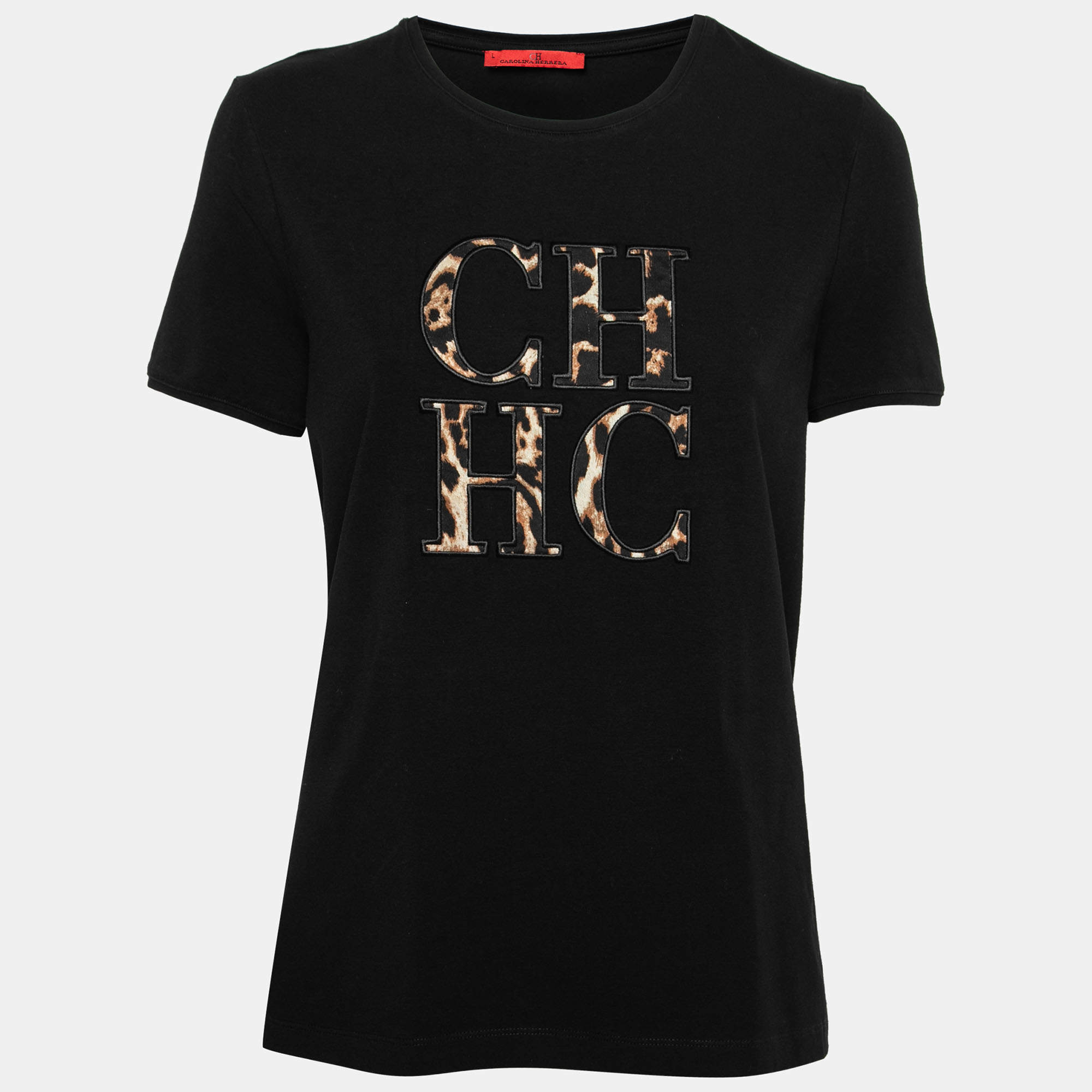 CH Carolina Herrera Black Logo Embroidered Cotton T-Shirt L CH