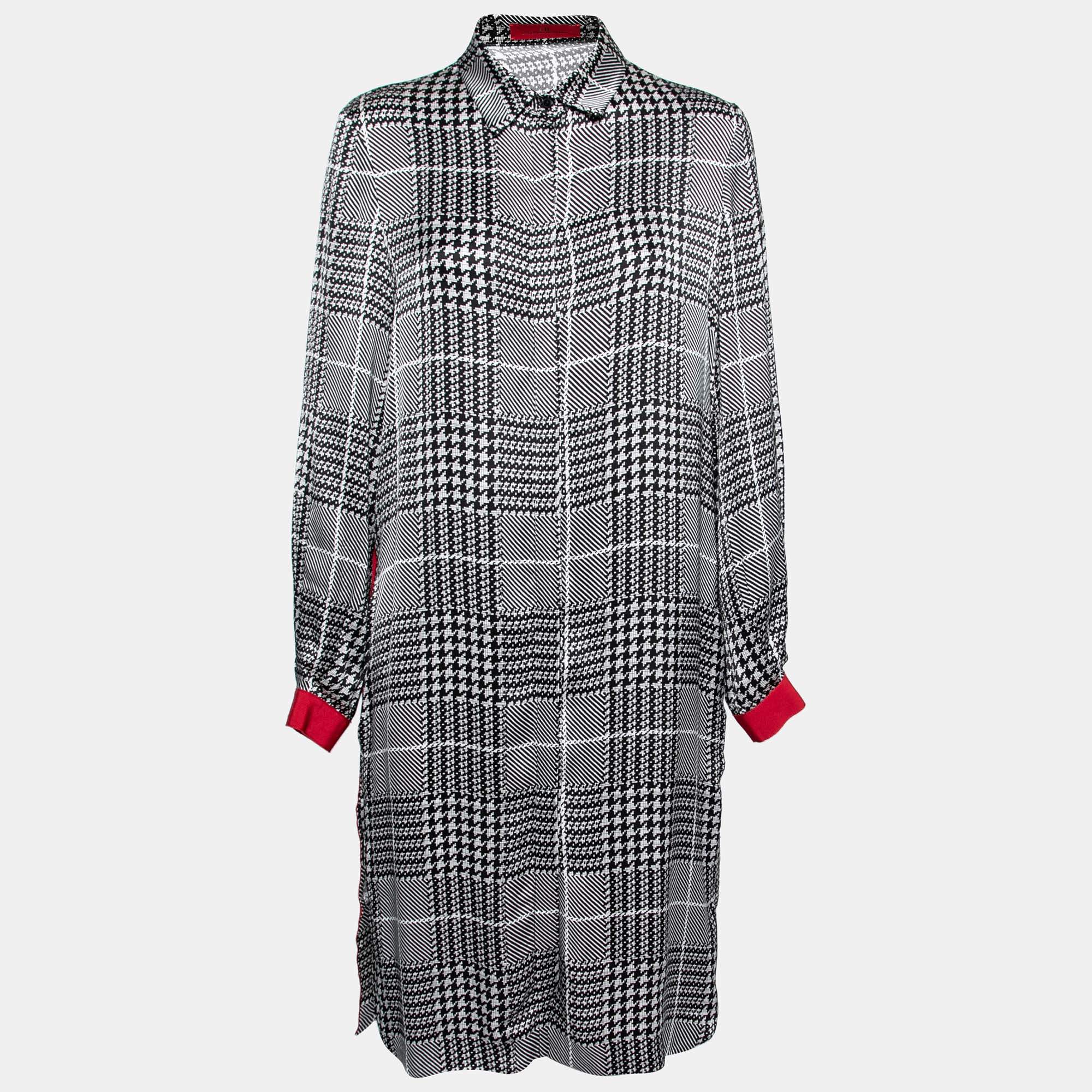 Pre Owned CH Carolina Herrera Black Monochrome Houndstooth Print Satin Dress M