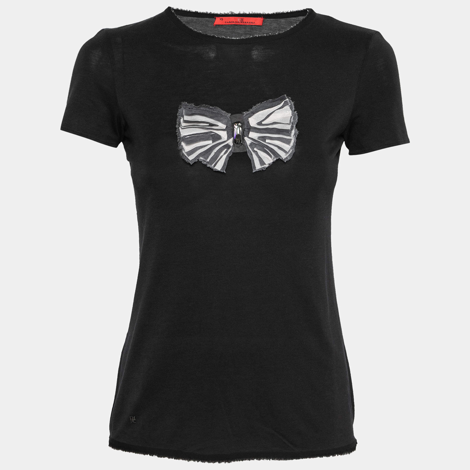Pre Owned CH Carolina Herrera Black Cotton Bow Applique T-Shirt XS