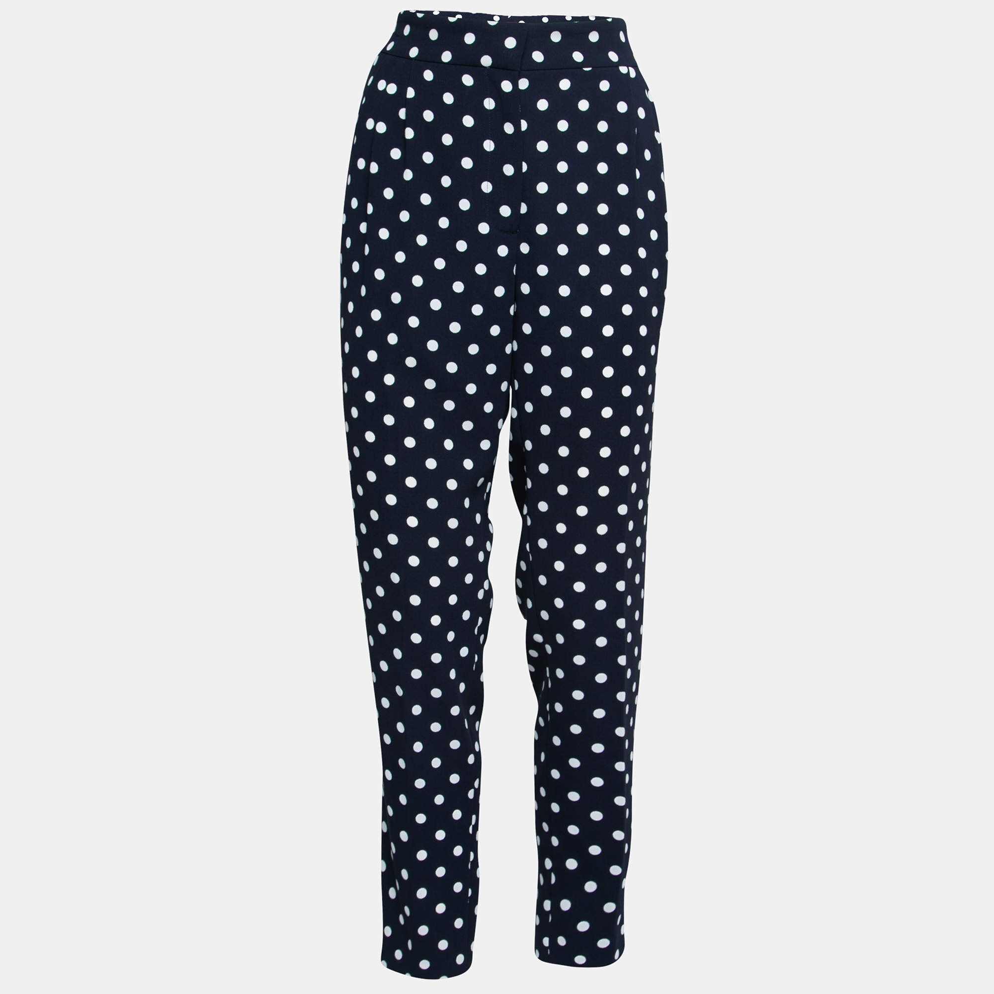 CH Carolina Herrera Navy Blue Polka Dotted Crepe Tapered High Waist Trousers M