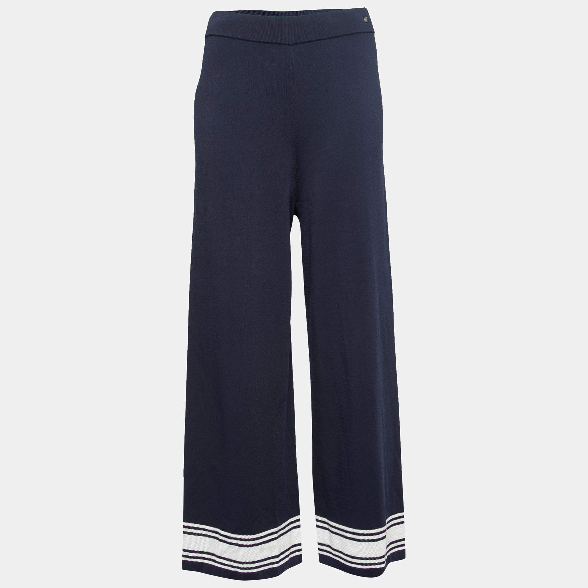 Pre Owned بنطلون سي أتش كارولينا هيريرا تريكو أزرق كحلي خصر مرتفع أرجل واسعة مقاس صغير (سمول)