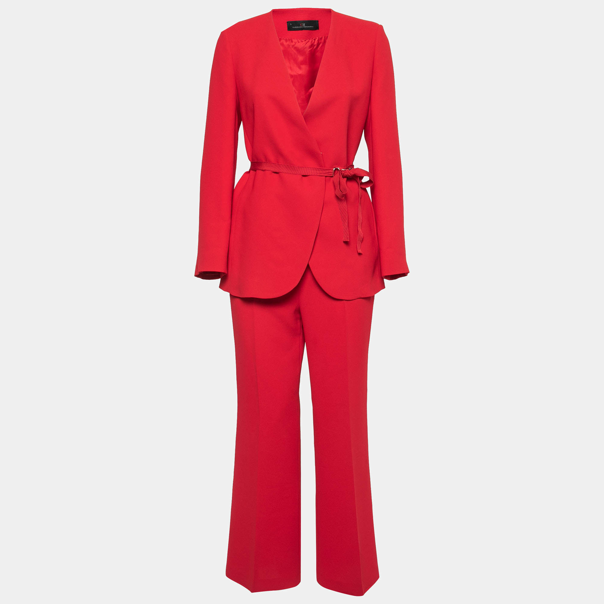 Pre Owned CH Carolina Herrera Red Crepe Belted Suit S/M