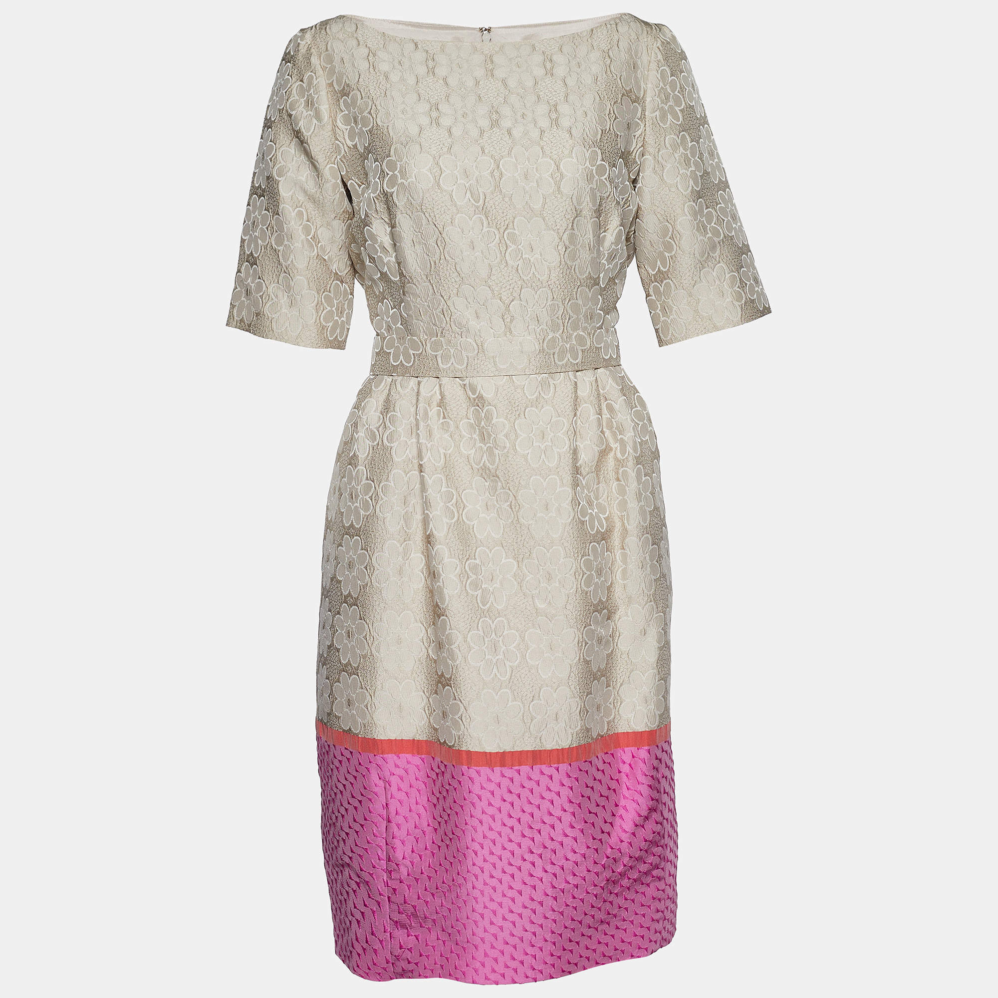 Pre Owned CH Carolina Herrera Cream Jacquard Contrast Detail Belted Midi Dress L