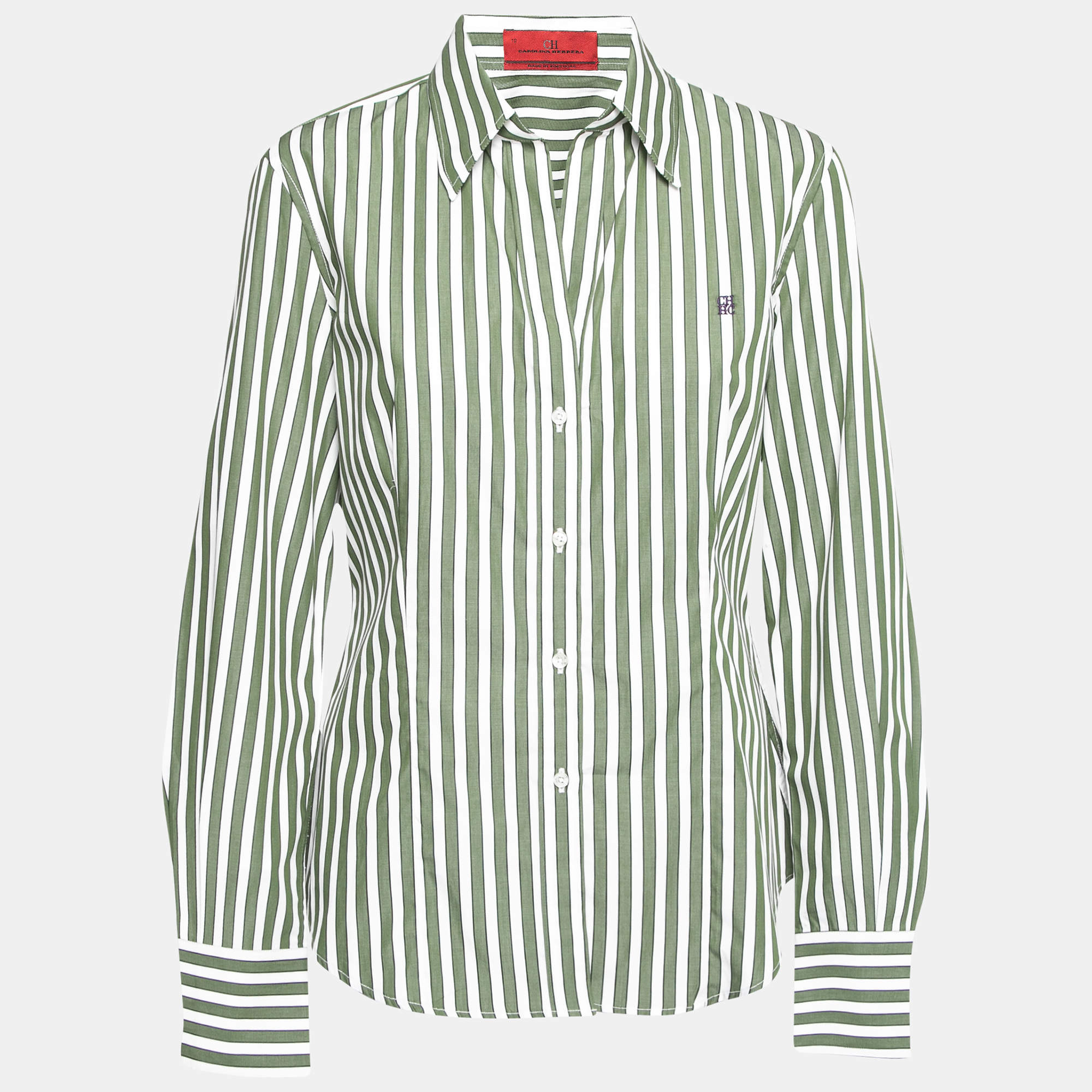 Pre Owned CH Carolina Herrera Green Striped Cotton Button Front Shirt L