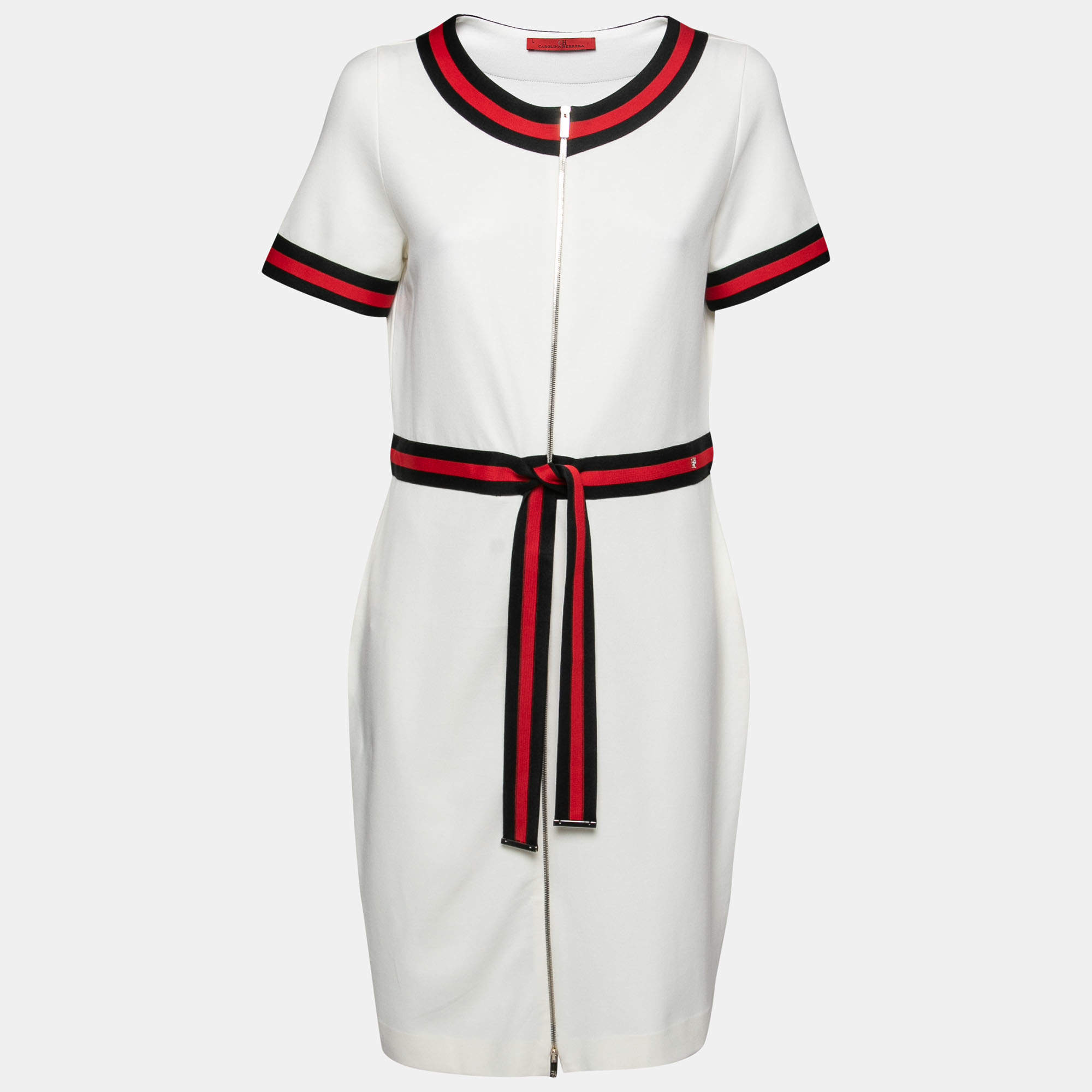 مملوكة مسبقًا CH Carolina Herrera White Knit Stripe Trim Detail Dress L