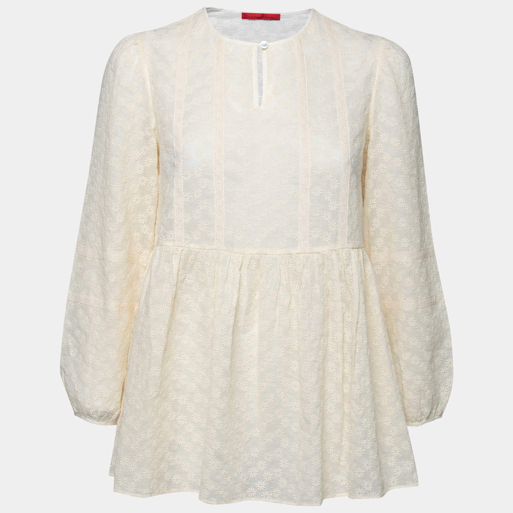 مملوكة مسبقًا CH Carolina Herrera Cream Floral Embroidered Lace Trimmed Tunic M