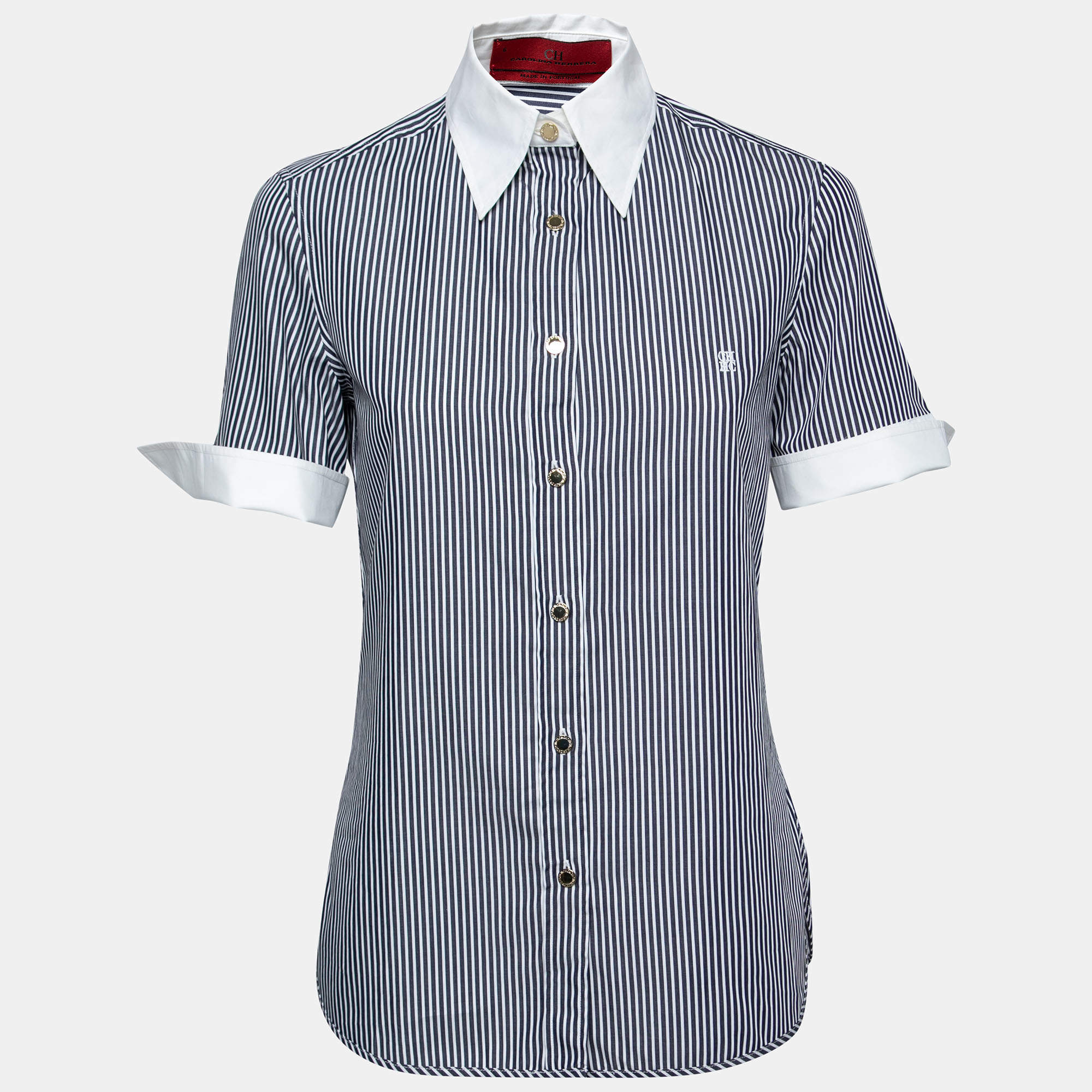 Pre Owned CH Carolina Herrera Navy Blue Stiped Cotton Button Front Shirt M