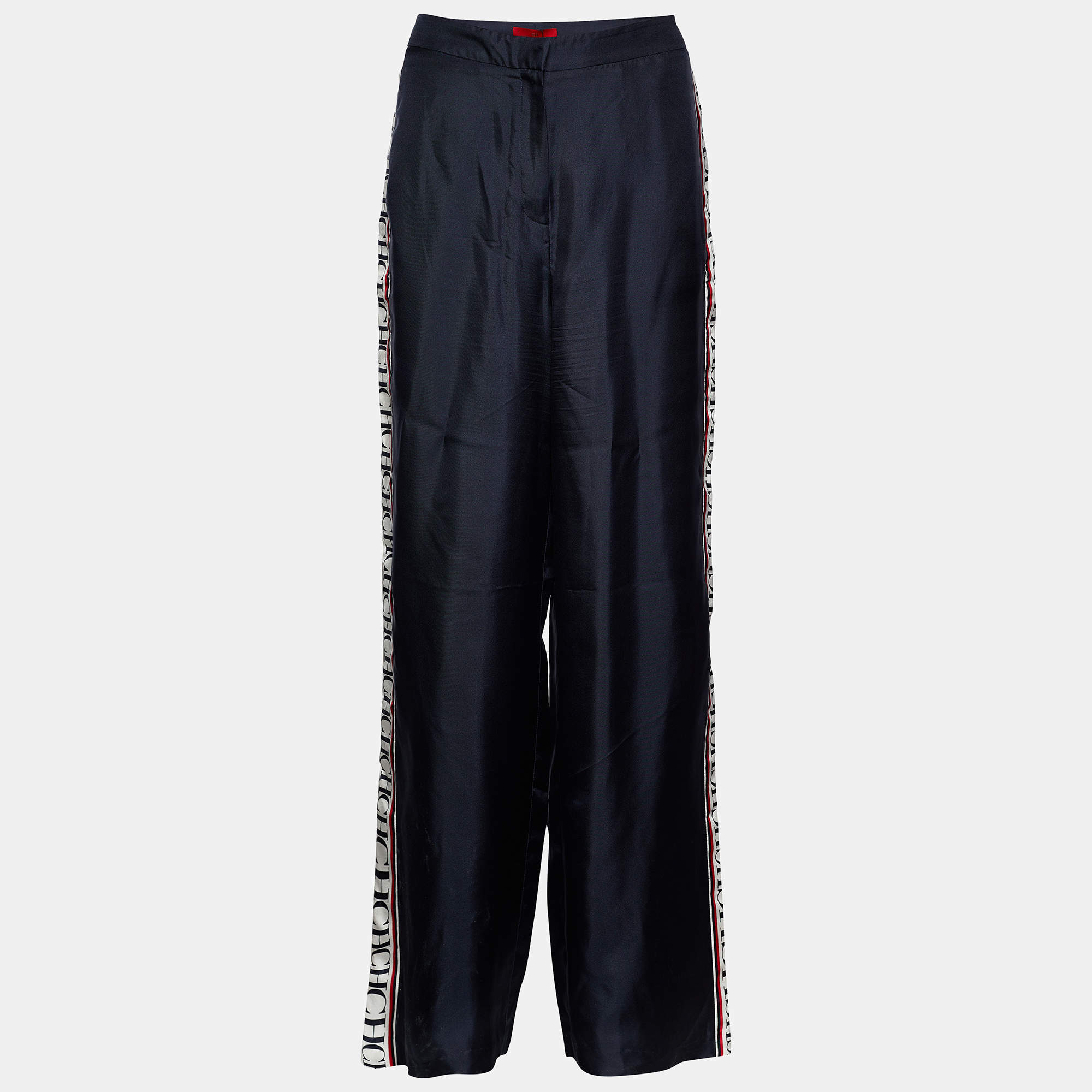 CH Carolina Herrera Navy Blue Silk Logo Tape Pants M