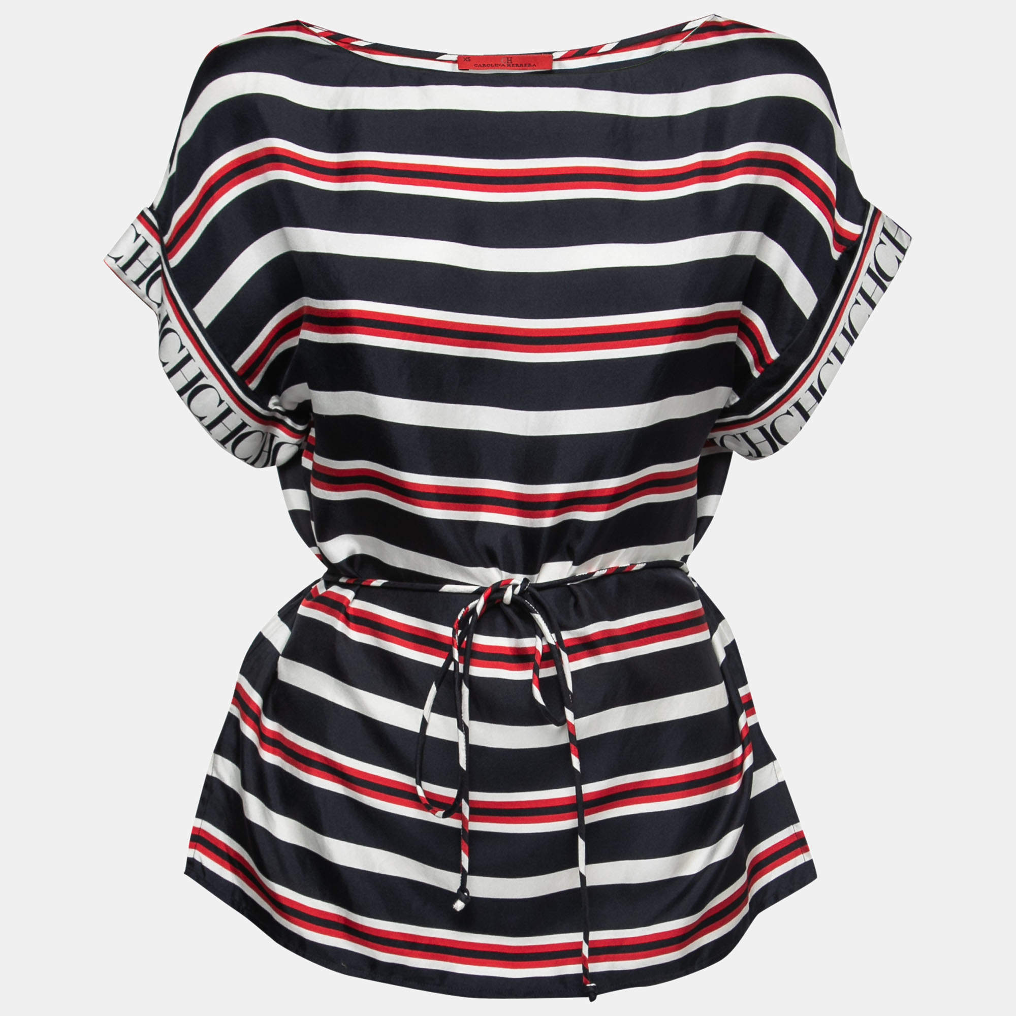 Pre Owned CH Carolina Herrera Blue & Red Striped Silk Belted Top XS