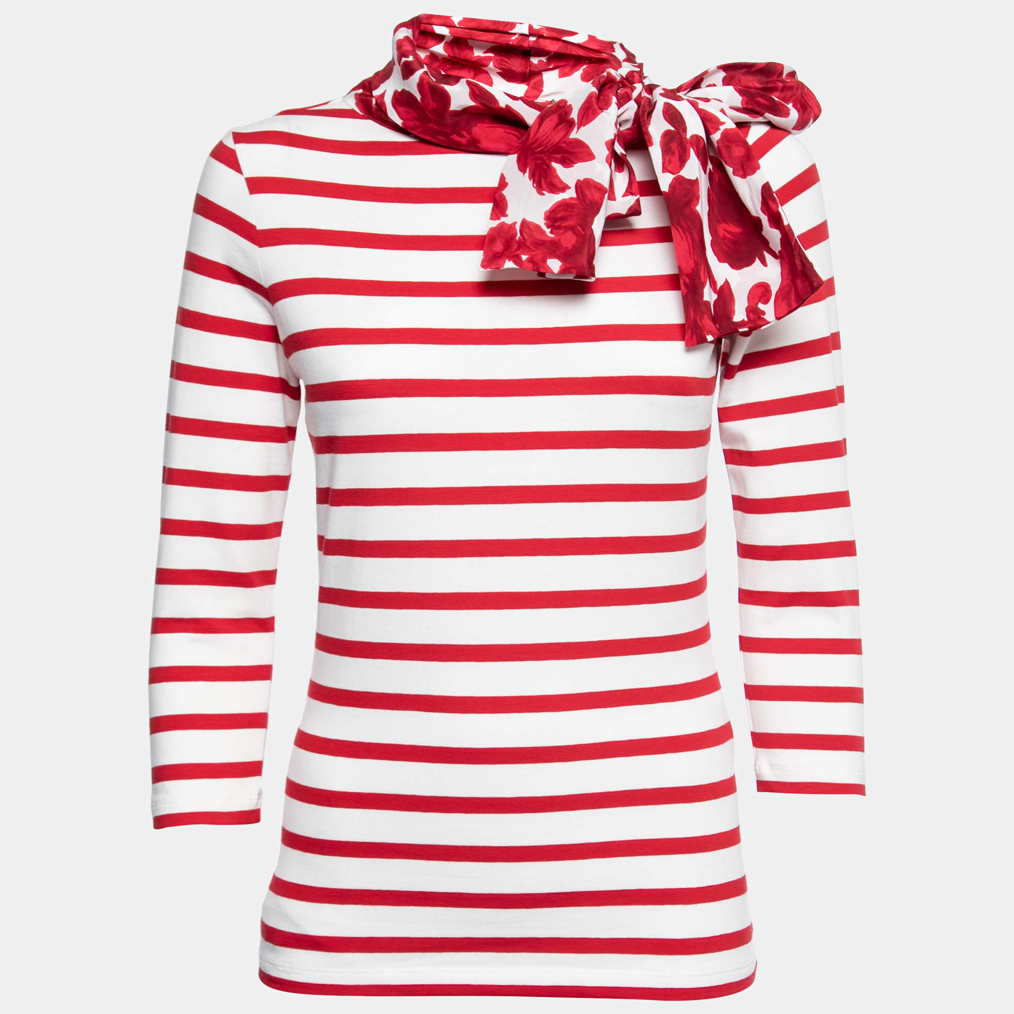  CH Carolina Herrera Red Striped Cotton Tie Neck Top XS