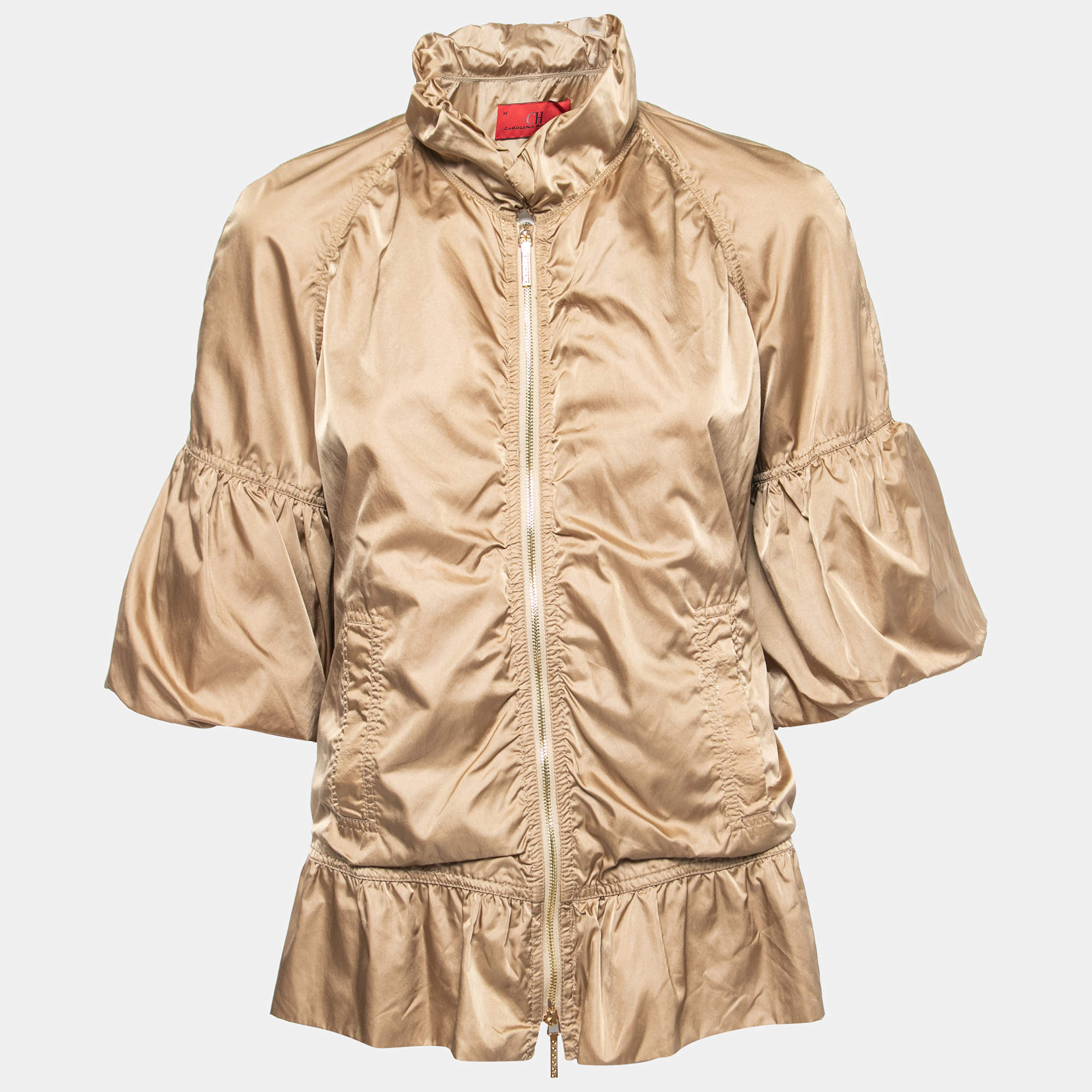 Pre Owned CH Carolina Herrera Gold Synthetic Cropped-Sleeve Zip Front Jacket M