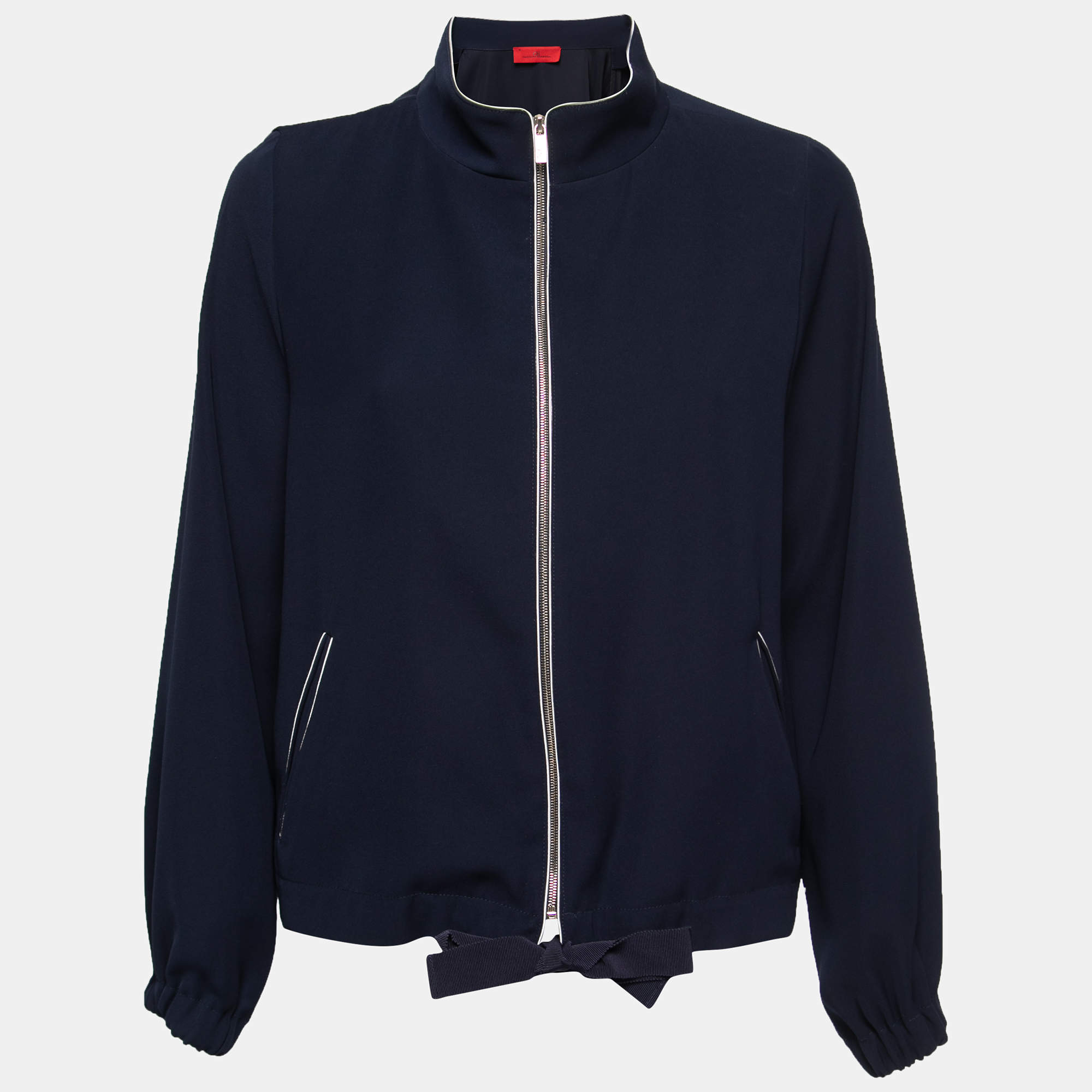 Pre Owned CH Carolina Herrera Navy Blue Crepe Zip-Up Track Jacket S