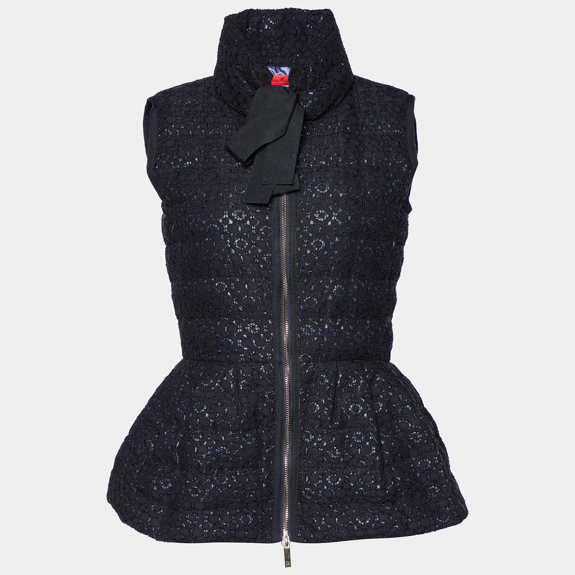 Pre Owned CH Carolina Herrera Navy Blue Lace Quilted Sleeveless Jacket S