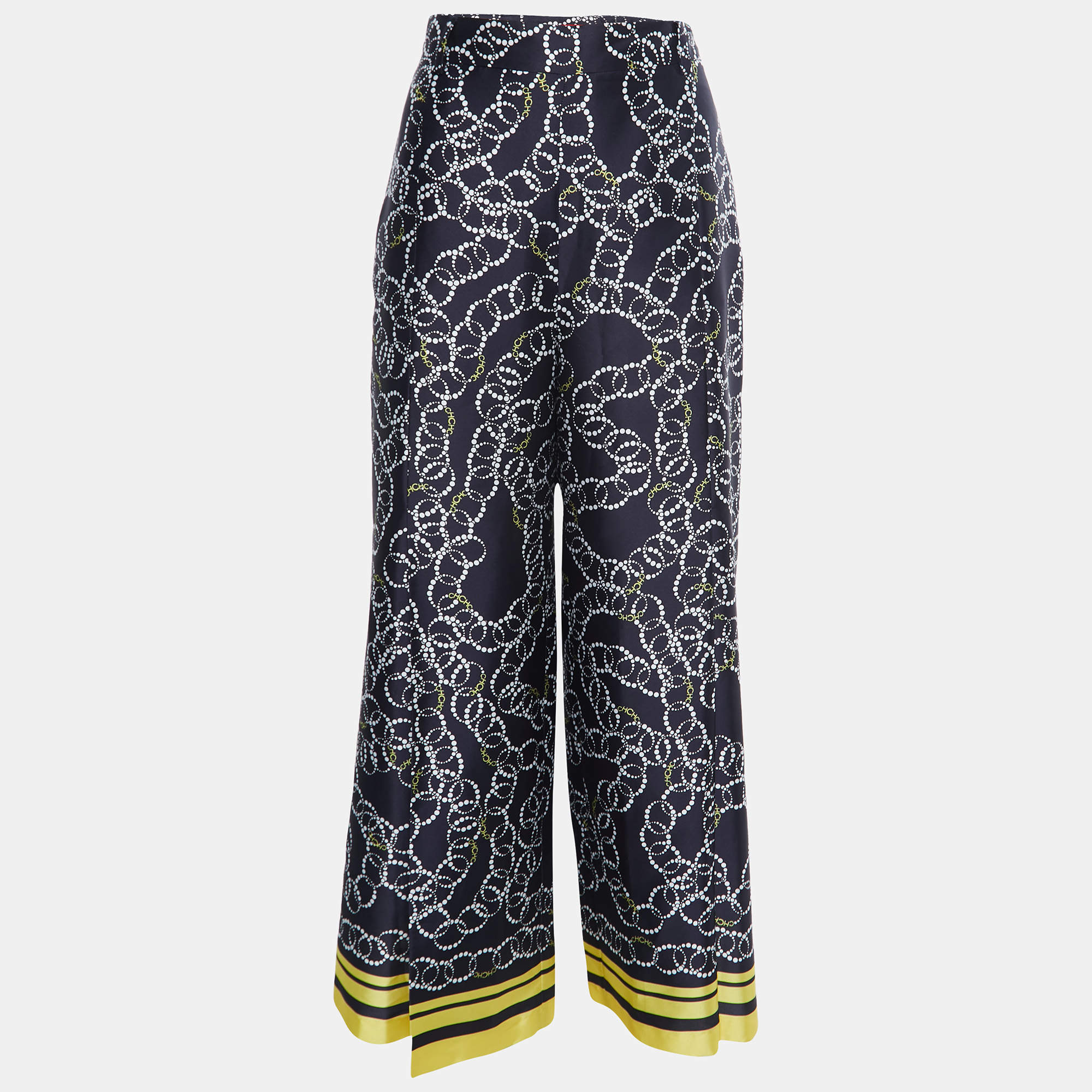 Pre Owned CH Carolina Herrera Midnight Blue Printed Satin Wide Leg Pants M
