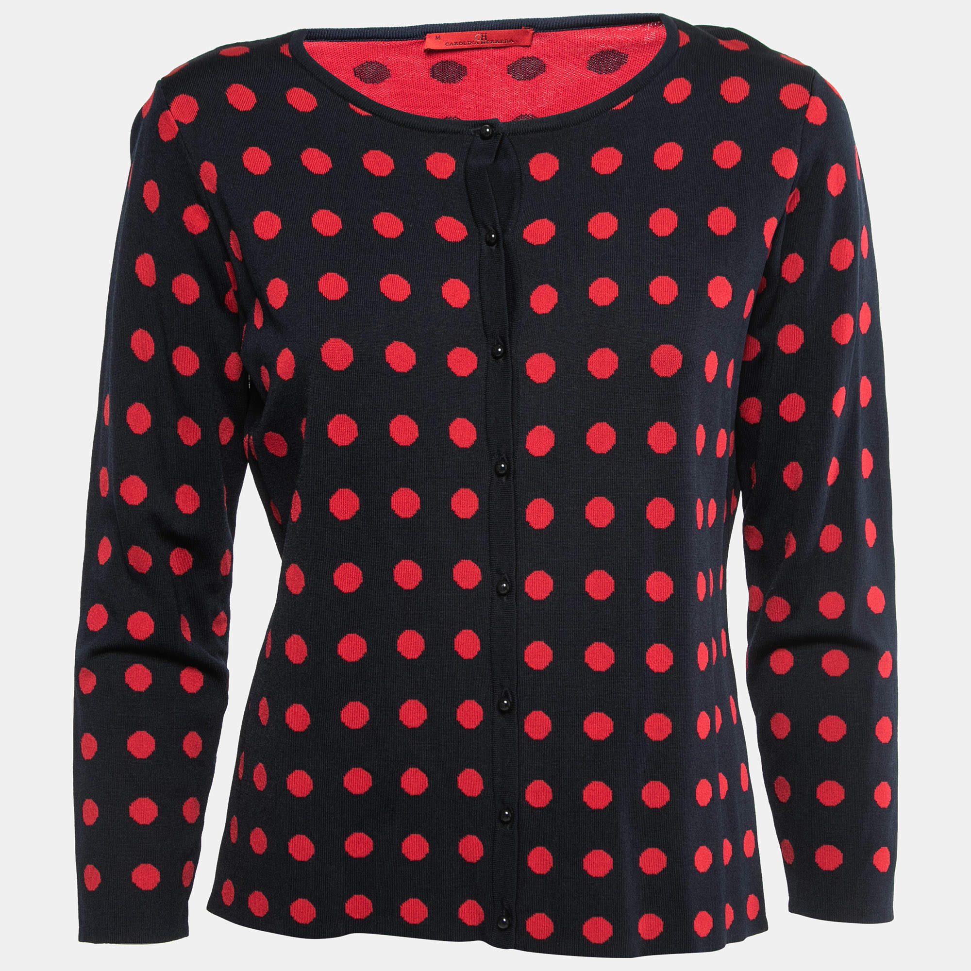 Pre Owned CH Carolina Herrera Navy Blue & Red Polka Dot Knit Cardigan M