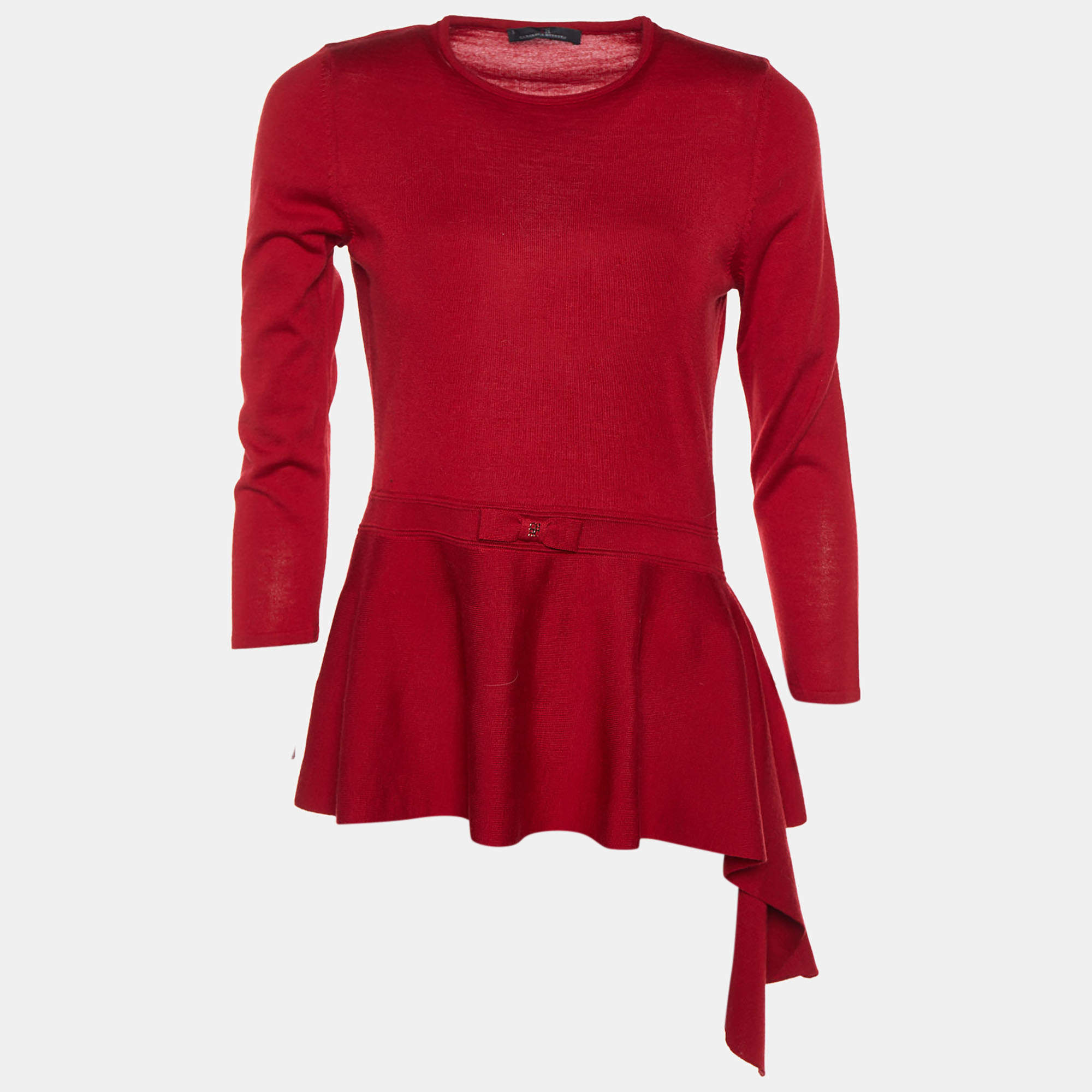 CH Carolina Herrera Red Wool Knit Asymmetrical Hem Top S