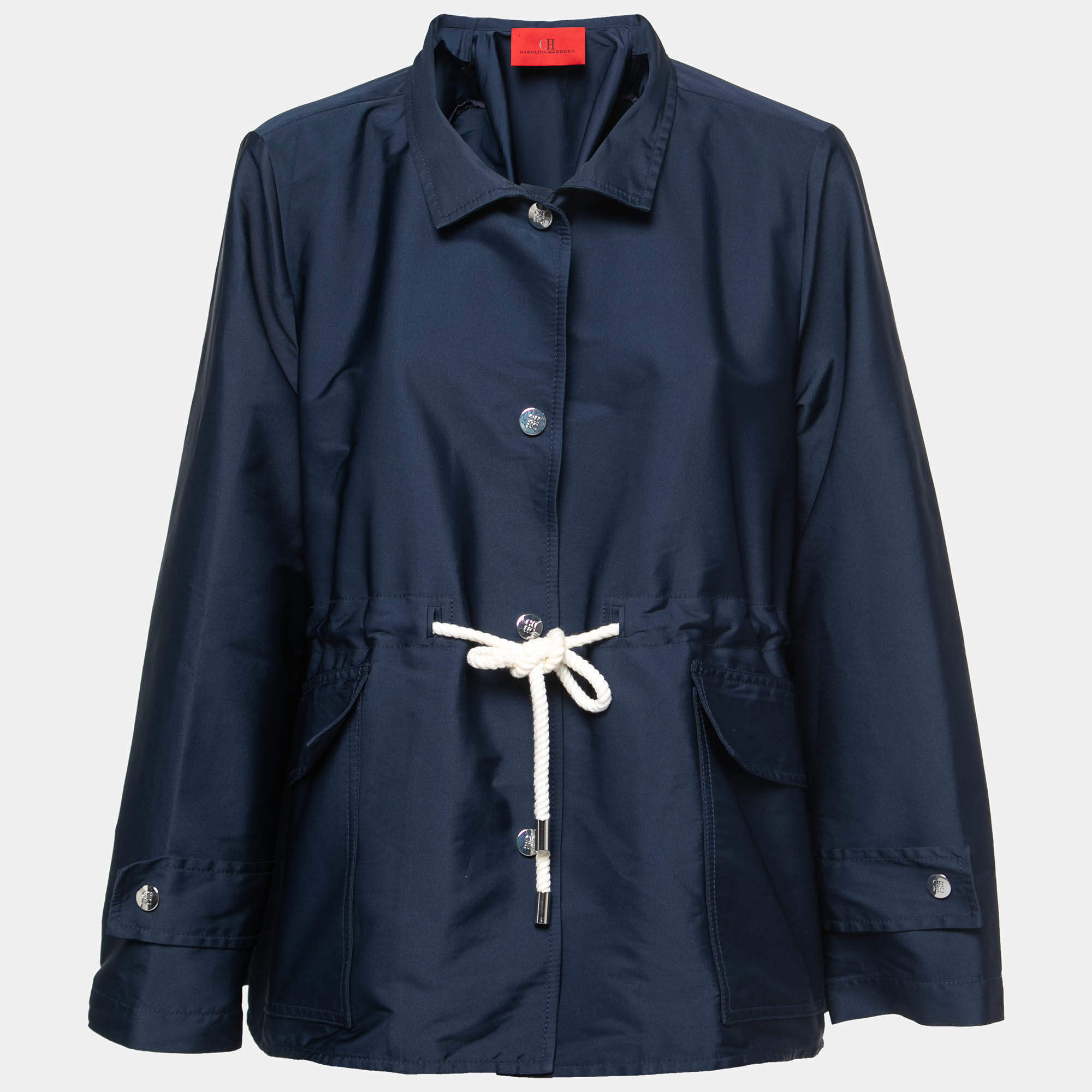 Pre Owned CH Carolina Herrera Navy Blue Taffeta Tie Front Jacket L