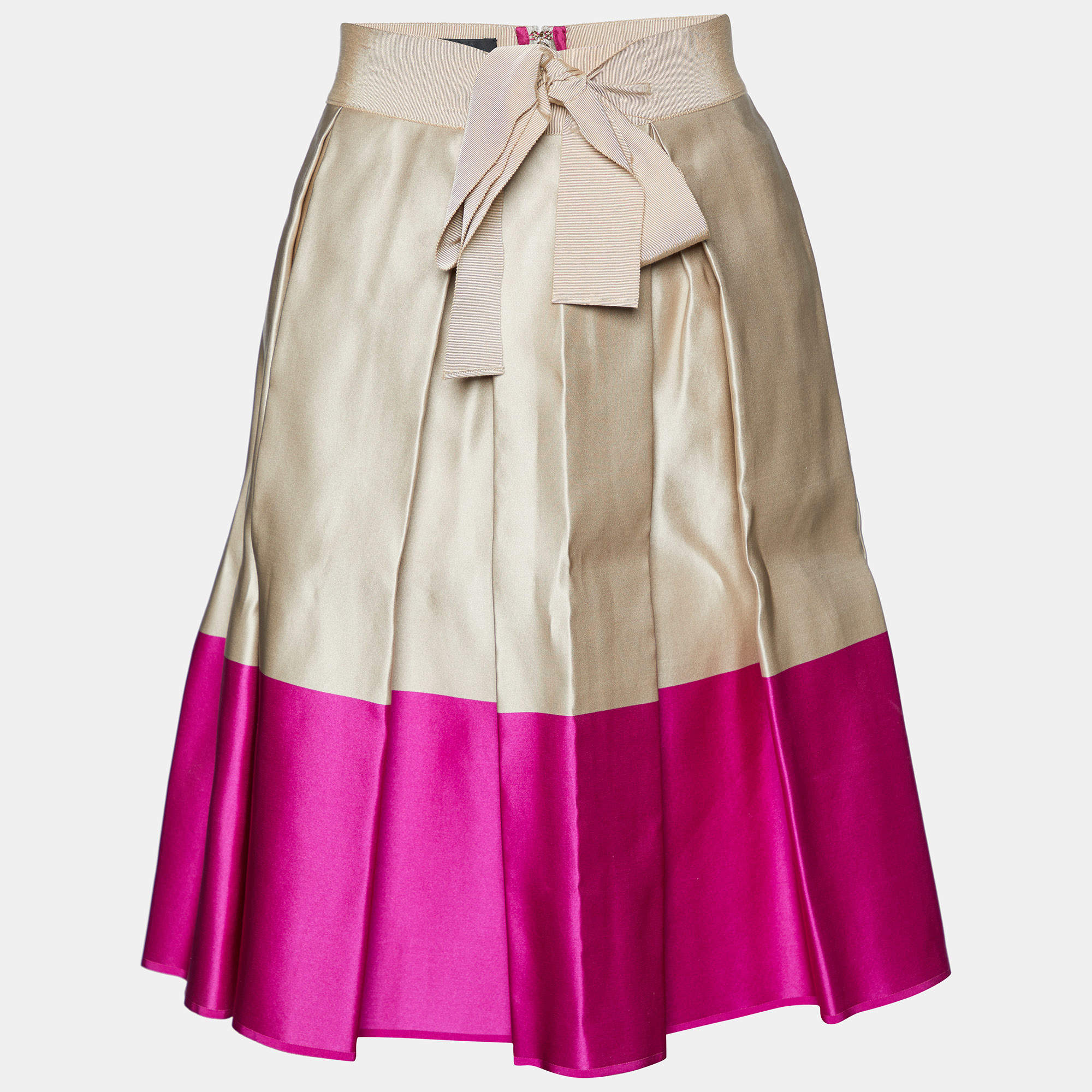 Pre Owned CH Carolina Herrera Beige & Pink Silk Satin Pleated Midi Skirt S