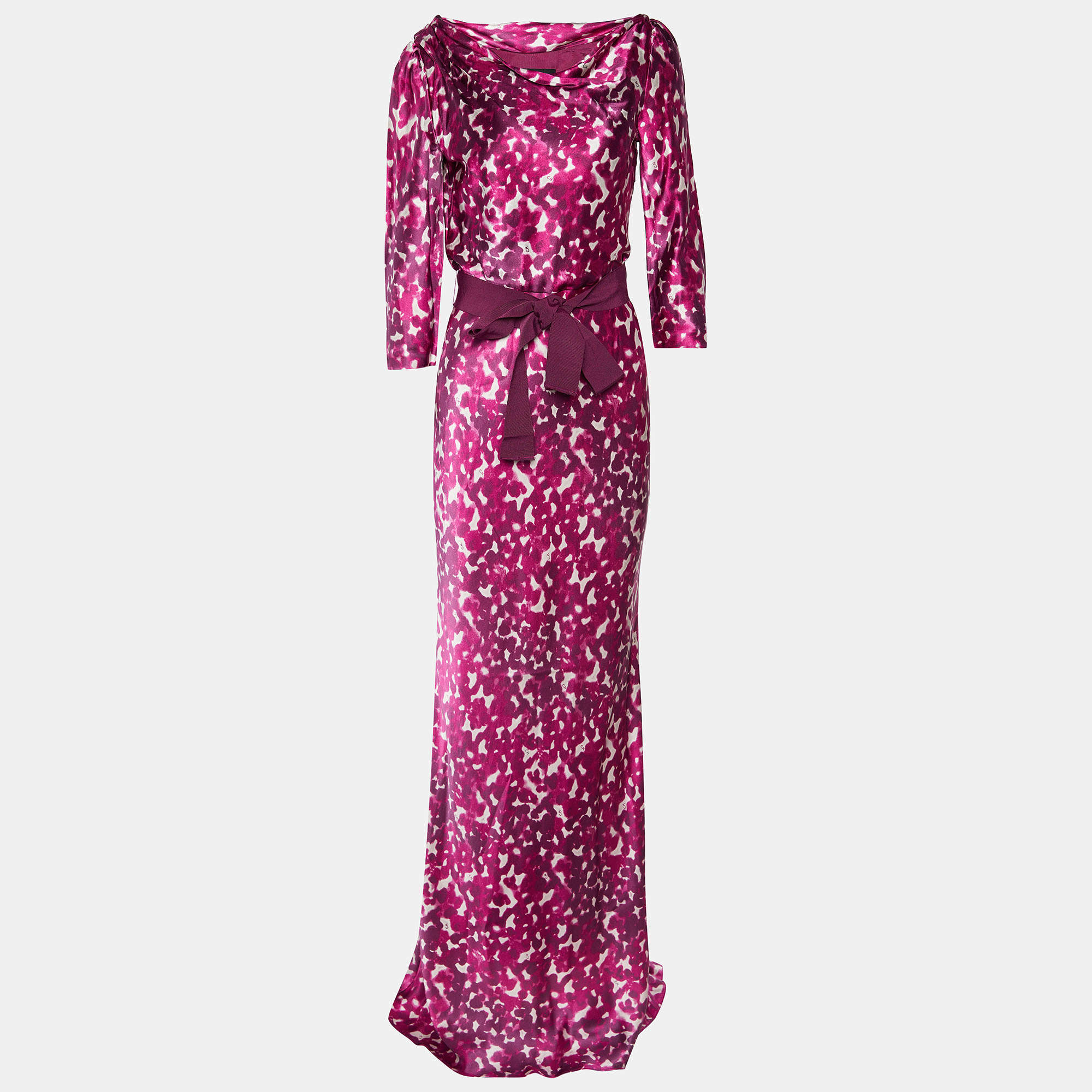 Pre Owned CH Carolina Herrera Printed Long Sleeve Belted Maxi Dress M