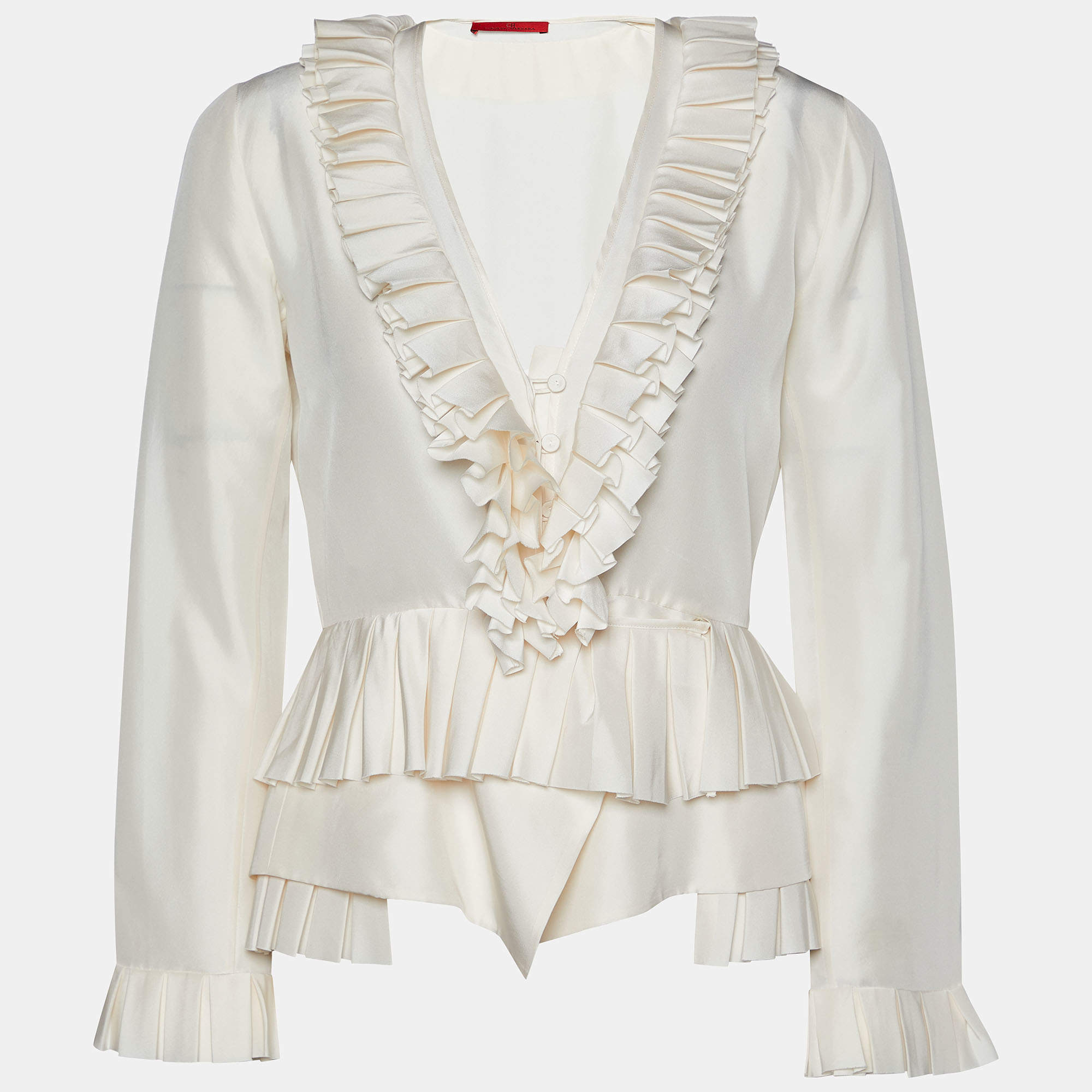 Pre Owned CH Carolina Herrera Cream Silk Pleated Ruffle Detail Top S