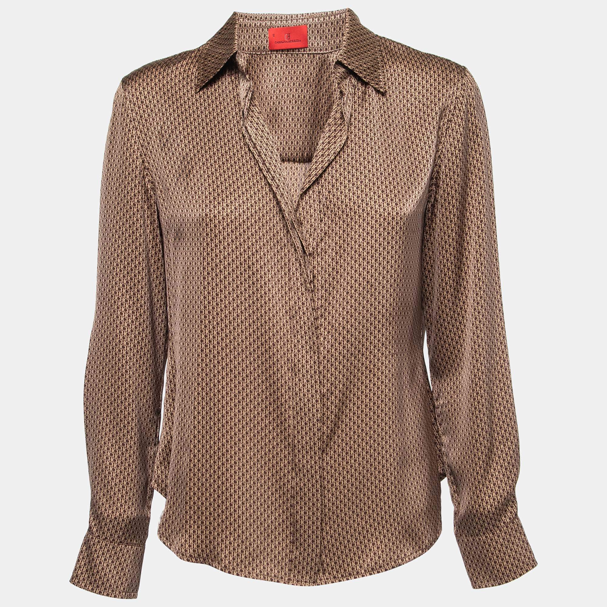 Pre Owned CH Carolina Herrera Brown Monogram Printed Silk Shirt L