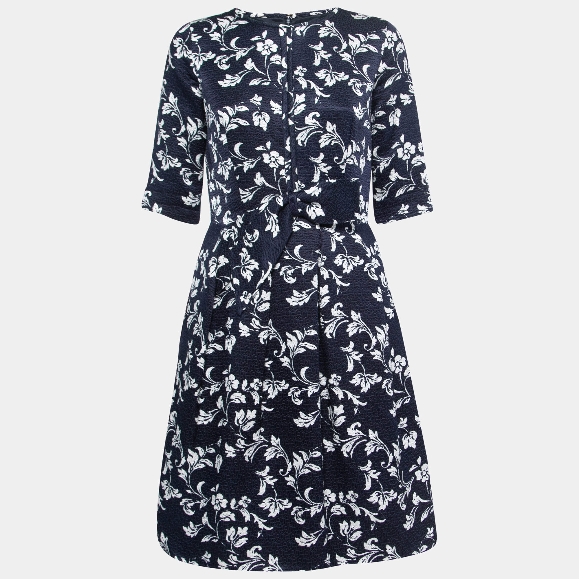 Pre Owned CH Carolina Herrera Navy Blue Floral Printed Jacquard Bow Detail Knee Length Dress M